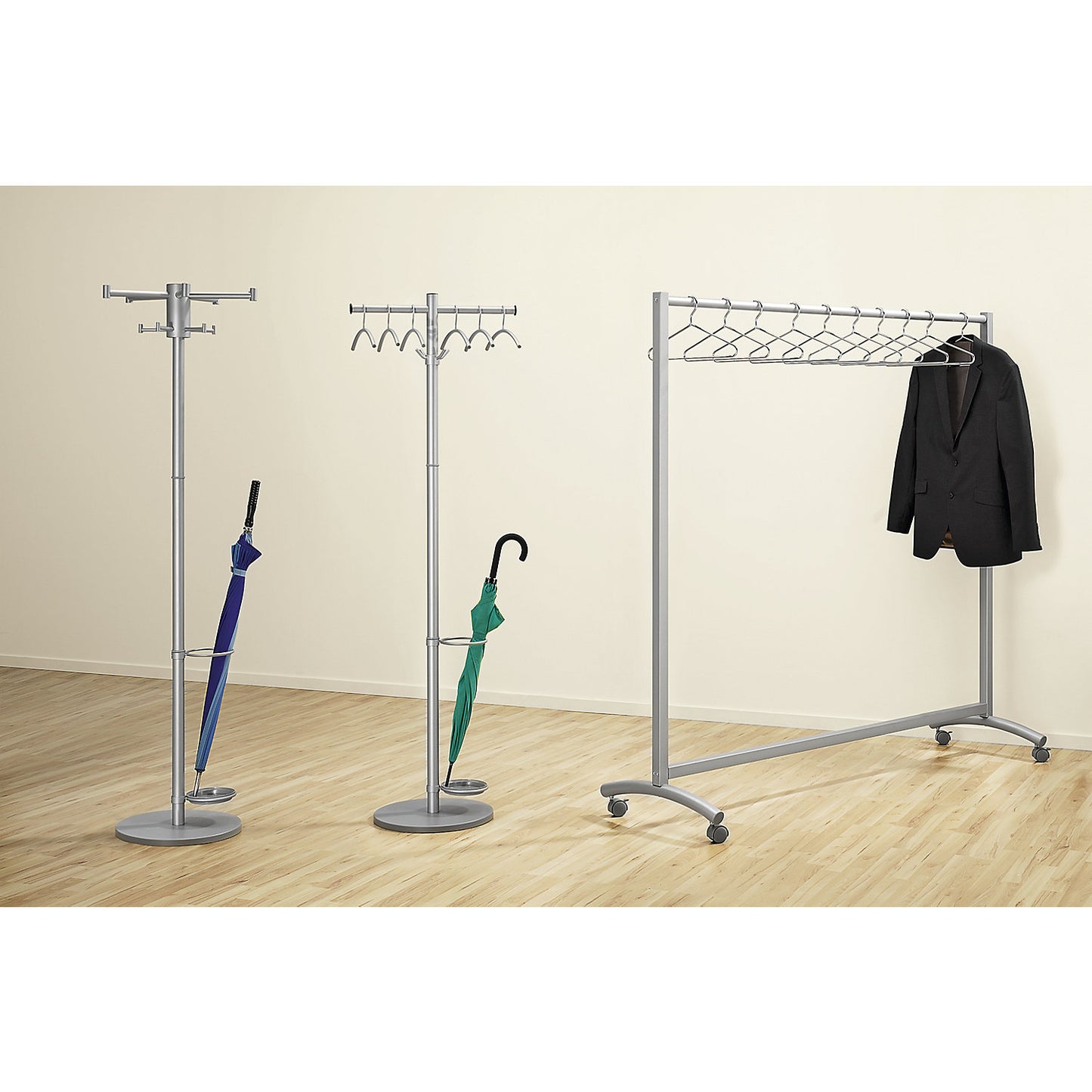 Coat stand, rotating hook cap, Ø 500 mm, height 1750 mm, with umbrella stand.