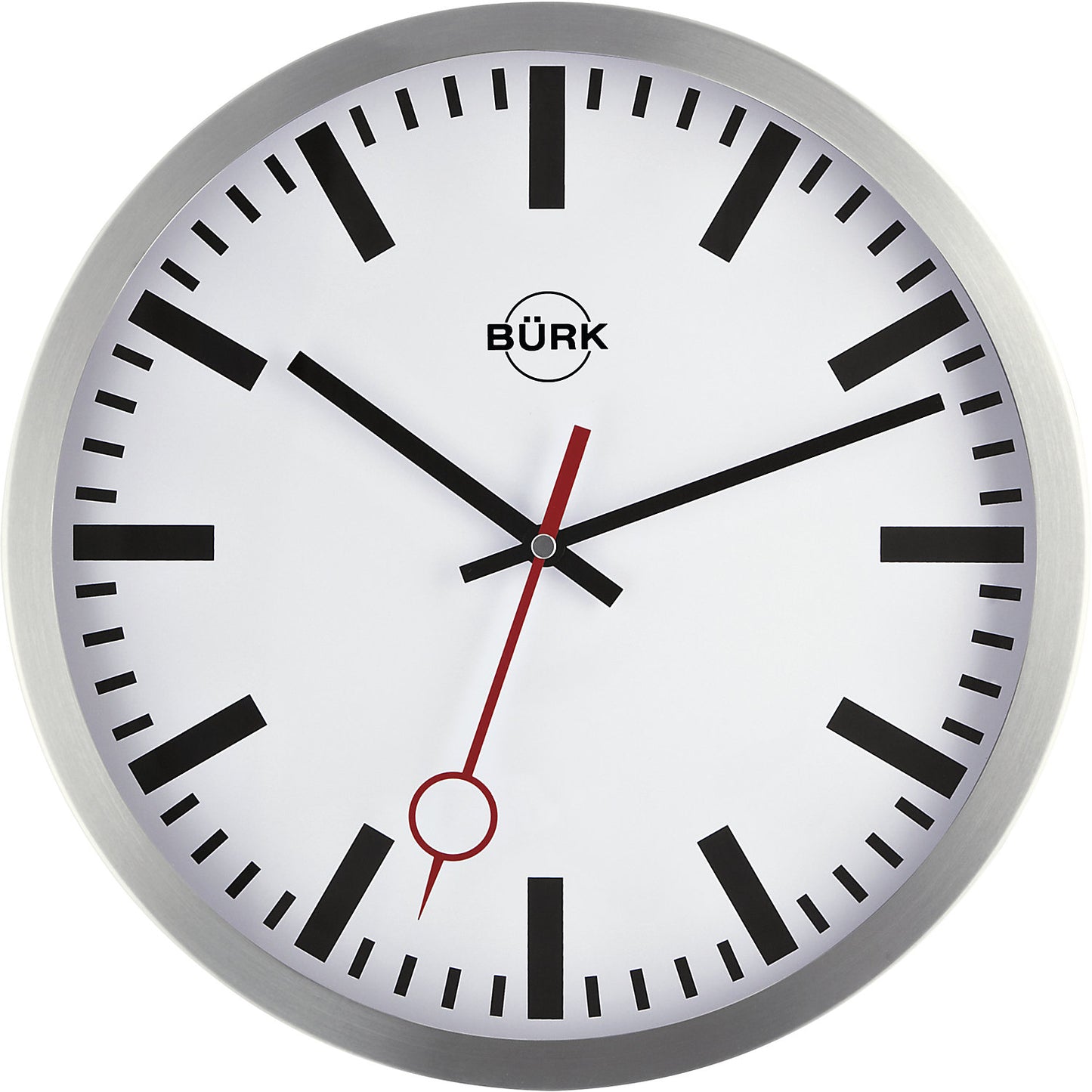 Wall clock made of brushed aluminium, radio synchronised time keeping mechanism, Ø 300 mm, white clock face.