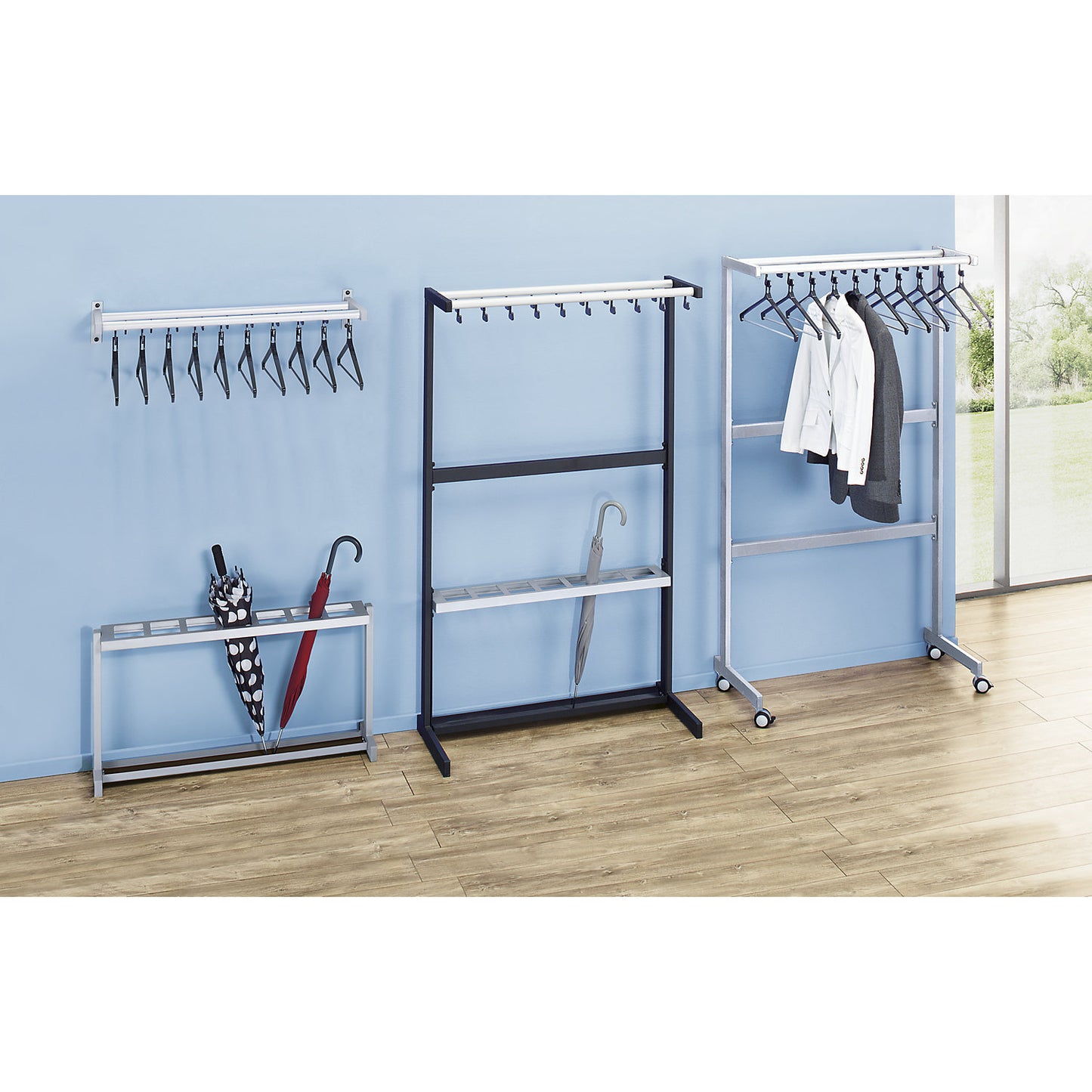 Single sided coat rail, without coat hangers, silver, with umbrella holder.