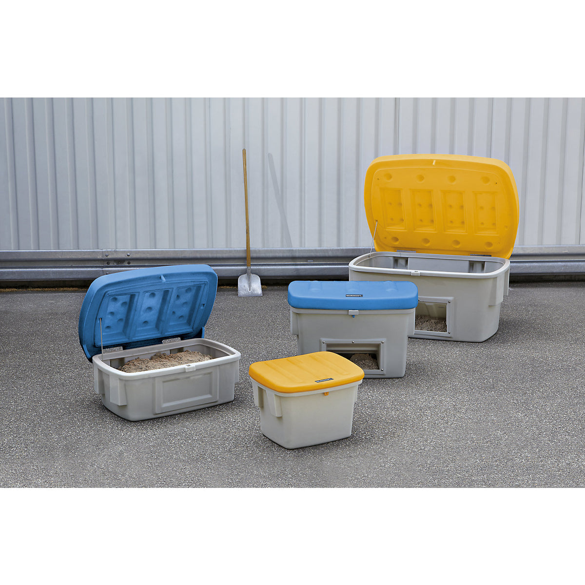 Universal / grit container, with dispenser opening, 1000 l, blue lid.