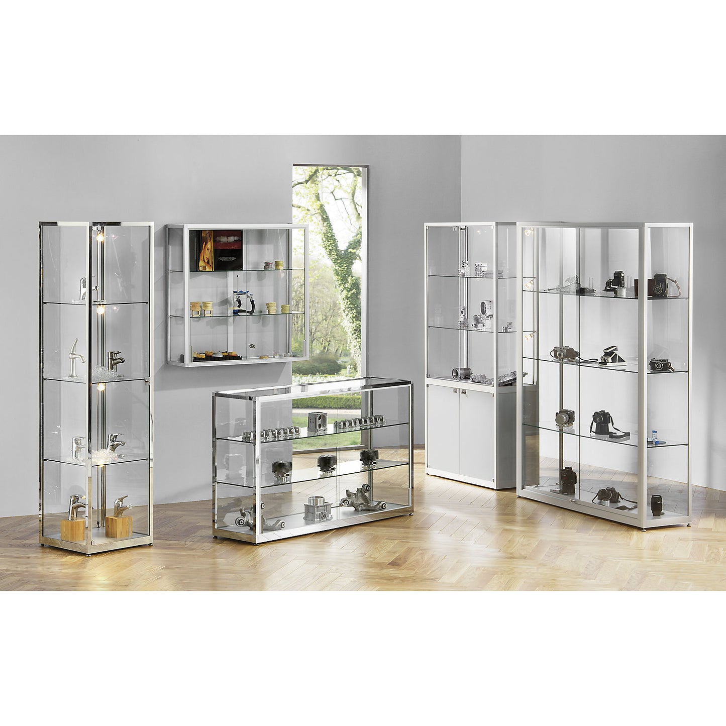 Free standing glass cabinet, height 2000 mm, 2 hinged doors, WxD 800 x 400 mm, silver anodised.