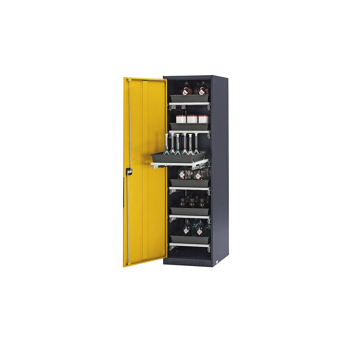 Laboratory chemical storage cupboard, 1 door, tall, 6 drawers, without vision panel, yellow.