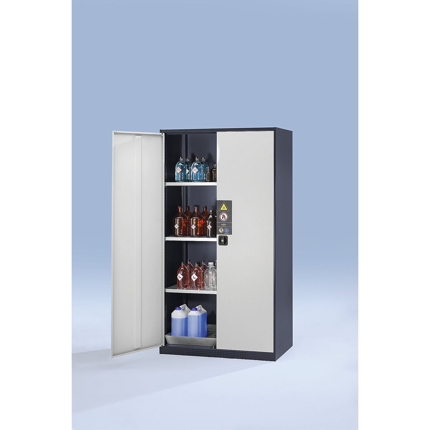 Laboratory chemical storage cupboard, 2 door, tall, 3 shelves, without vision panel, grey.