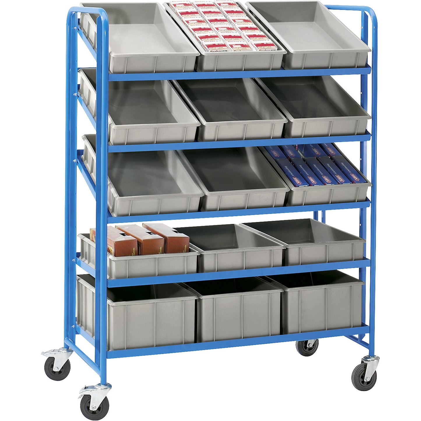 Euro container shelf truck, with 15 bins, LxWxH 1285 x 620 x 1725 mm.