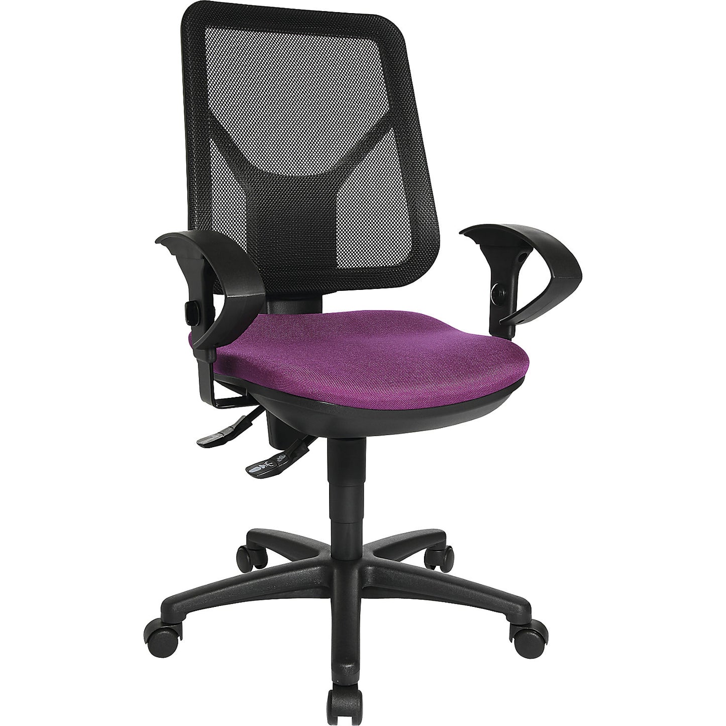 Ergonomic swivel chair, mesh back rest, purple.