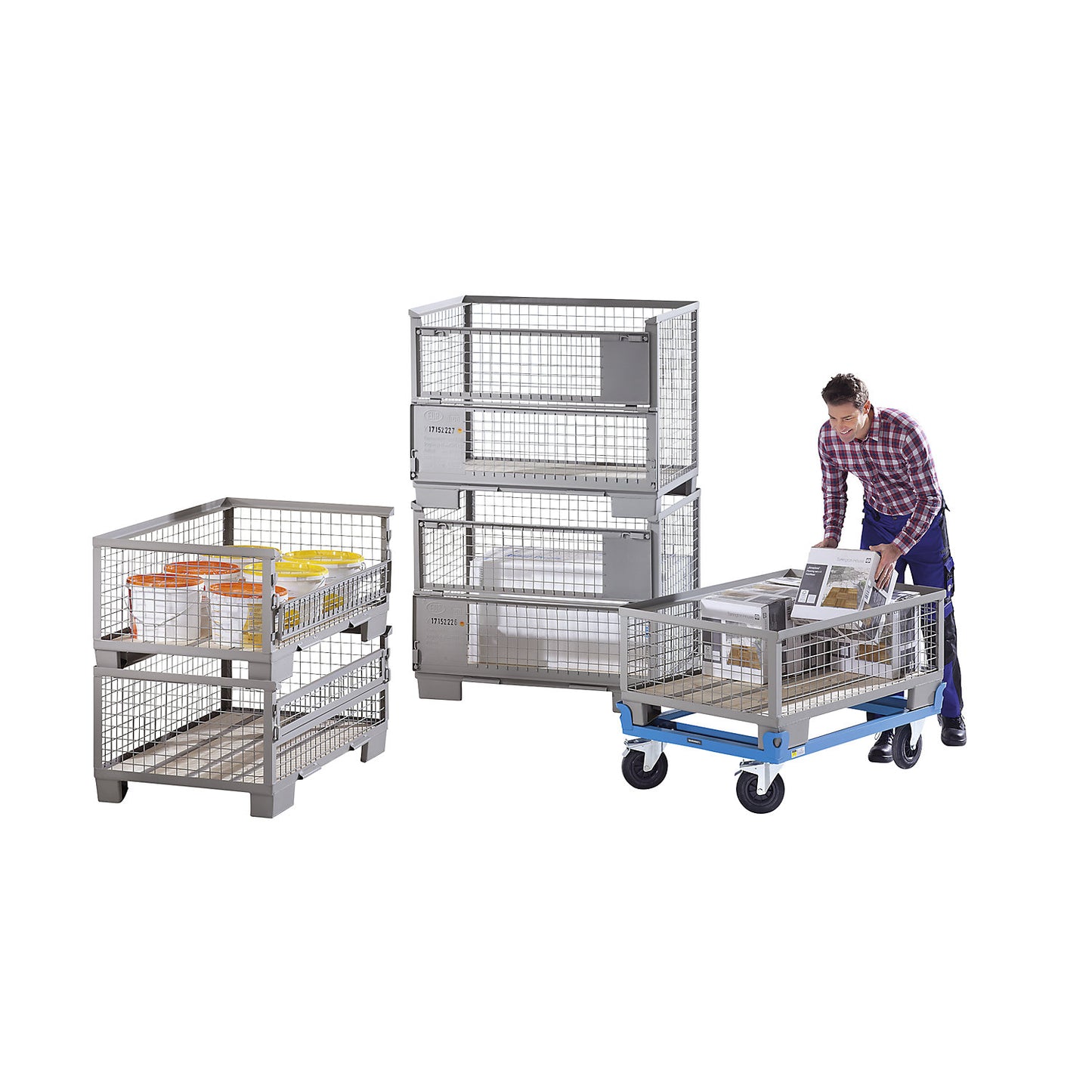 Mesh pallet, low profile, 1 long side with full drop gate, 1+ items.