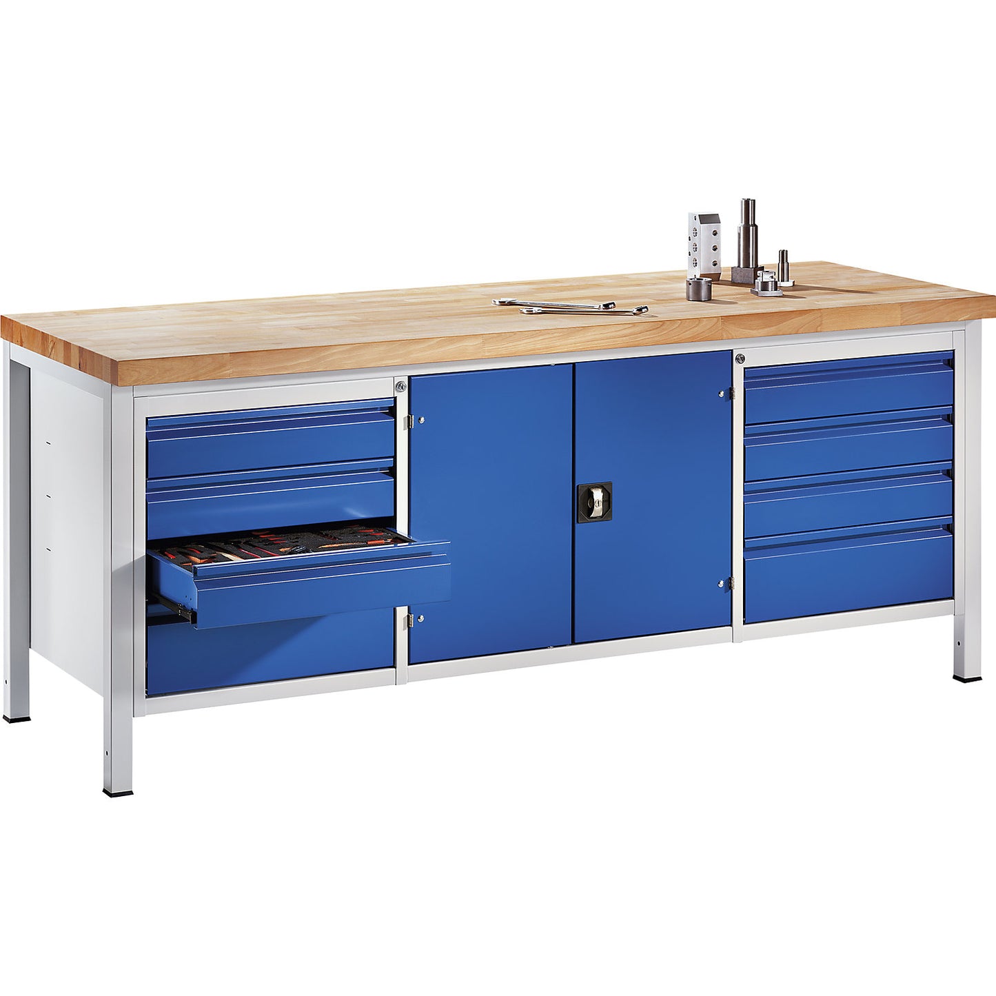 Workbench, frame construction, 8 L size drawers, 1 tool cupboard, depth 900 mm, width 2000 mm.