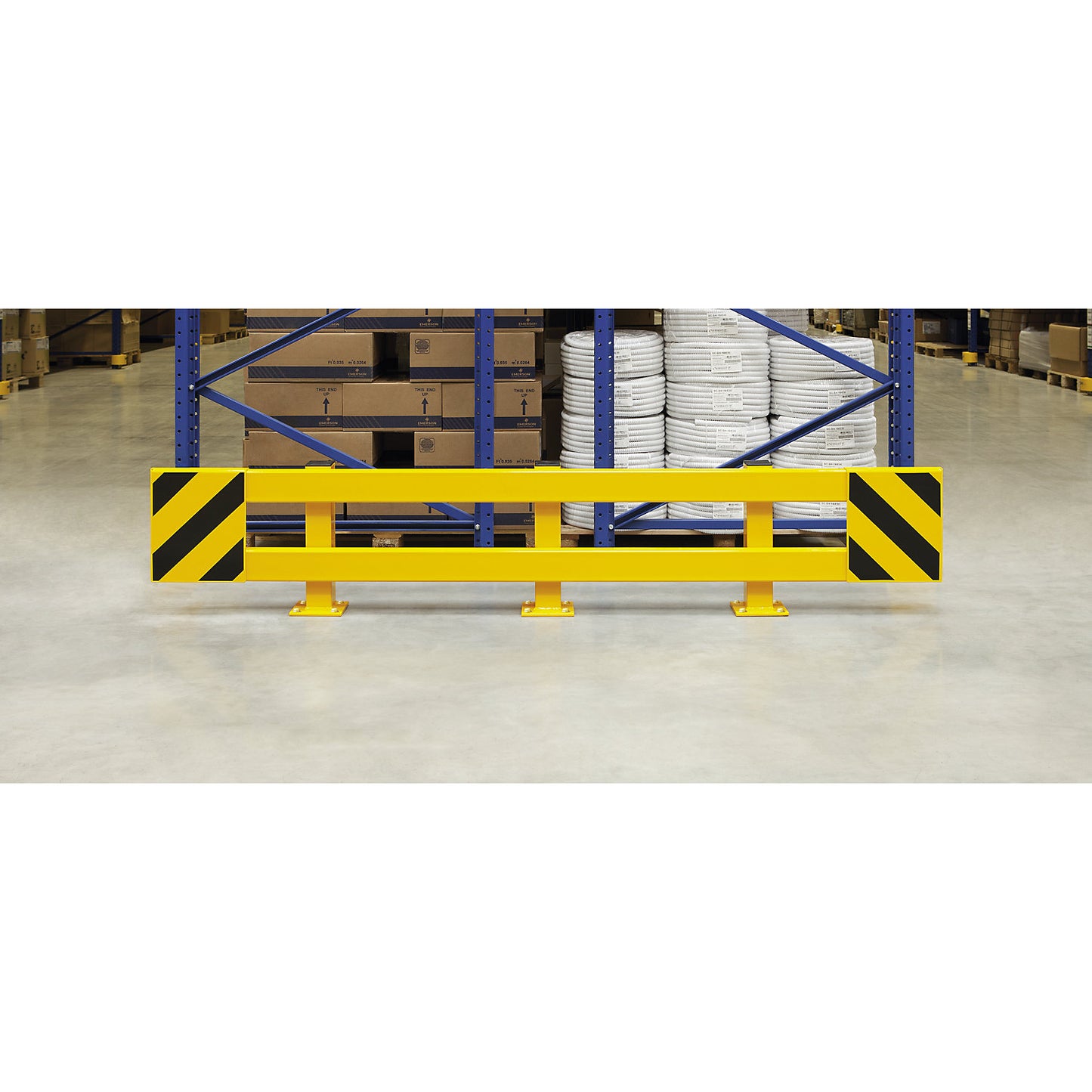 Rack protection guard rail set, for double sided shelving, variable width 2300 - 2700 mm, indoor.