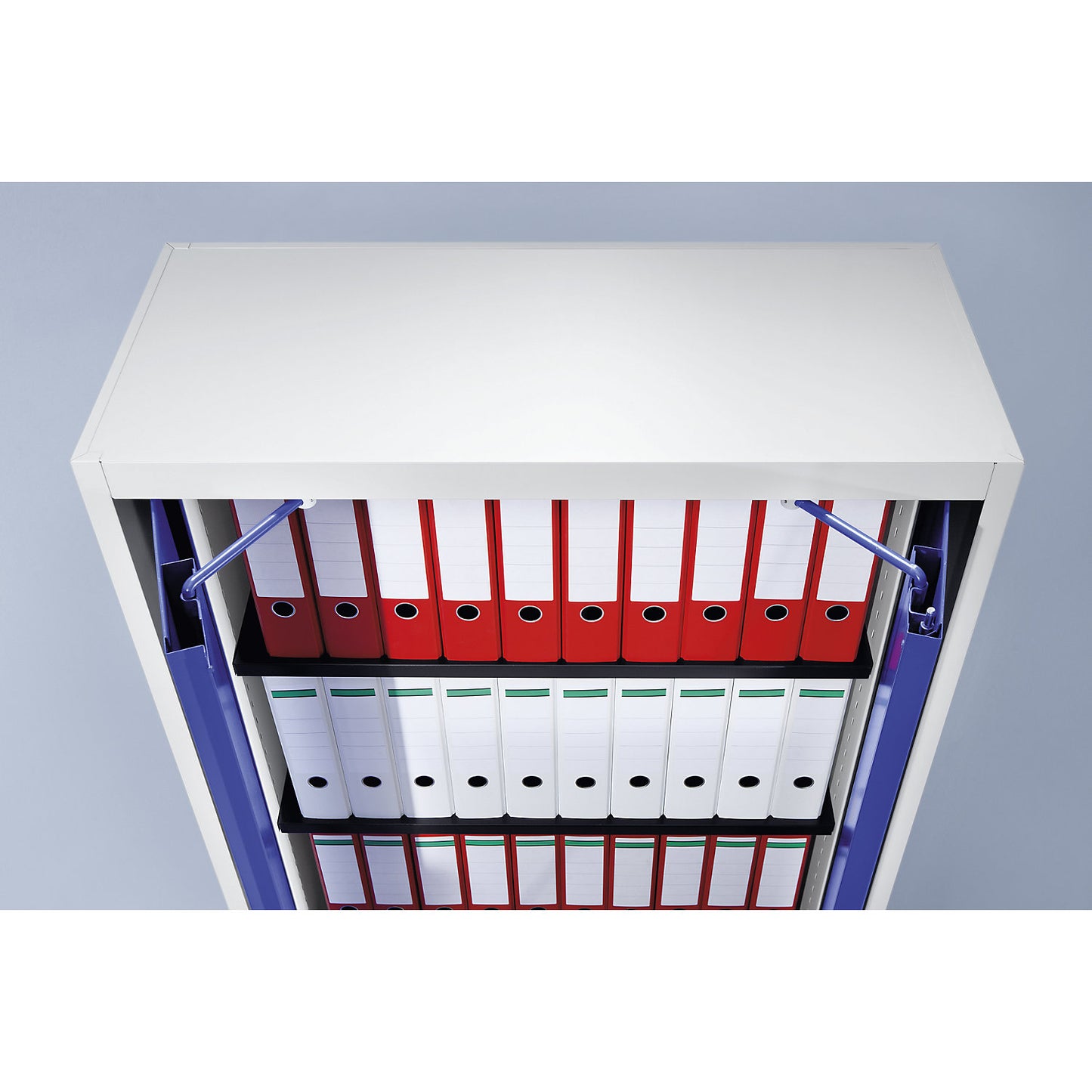 Steel cupboard with flush doors, 4 shelves, 420 mm deep, white aluminium / charcoal.