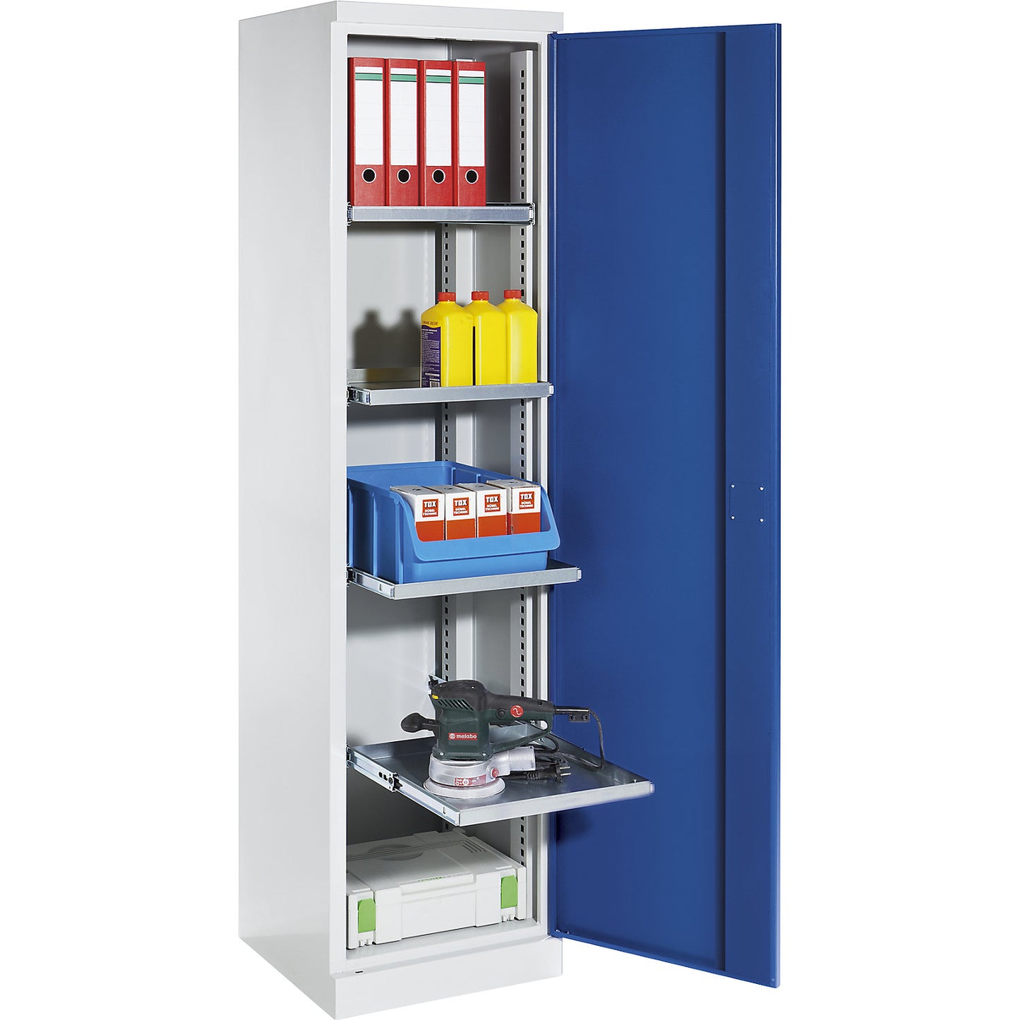 Storage cupboard, width 500 mm, 4 pull-out shelves, gentian blue door.