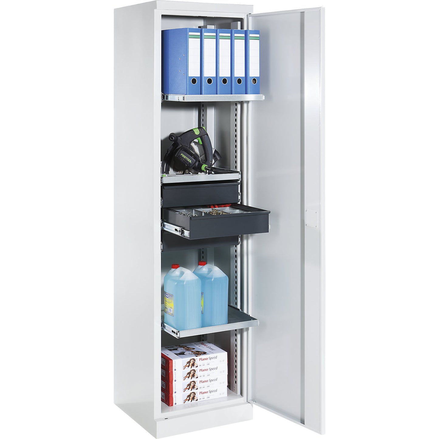 Storage cupboard, width 500 mm, 3 pull-out shelves, 3 drawers, light grey door.