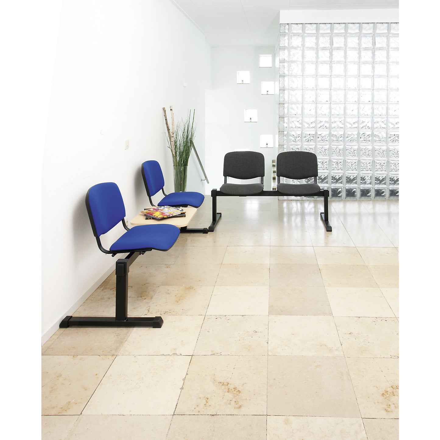 Bench unit, with table, 2 tables, 2 seats, charcoal upholstery.