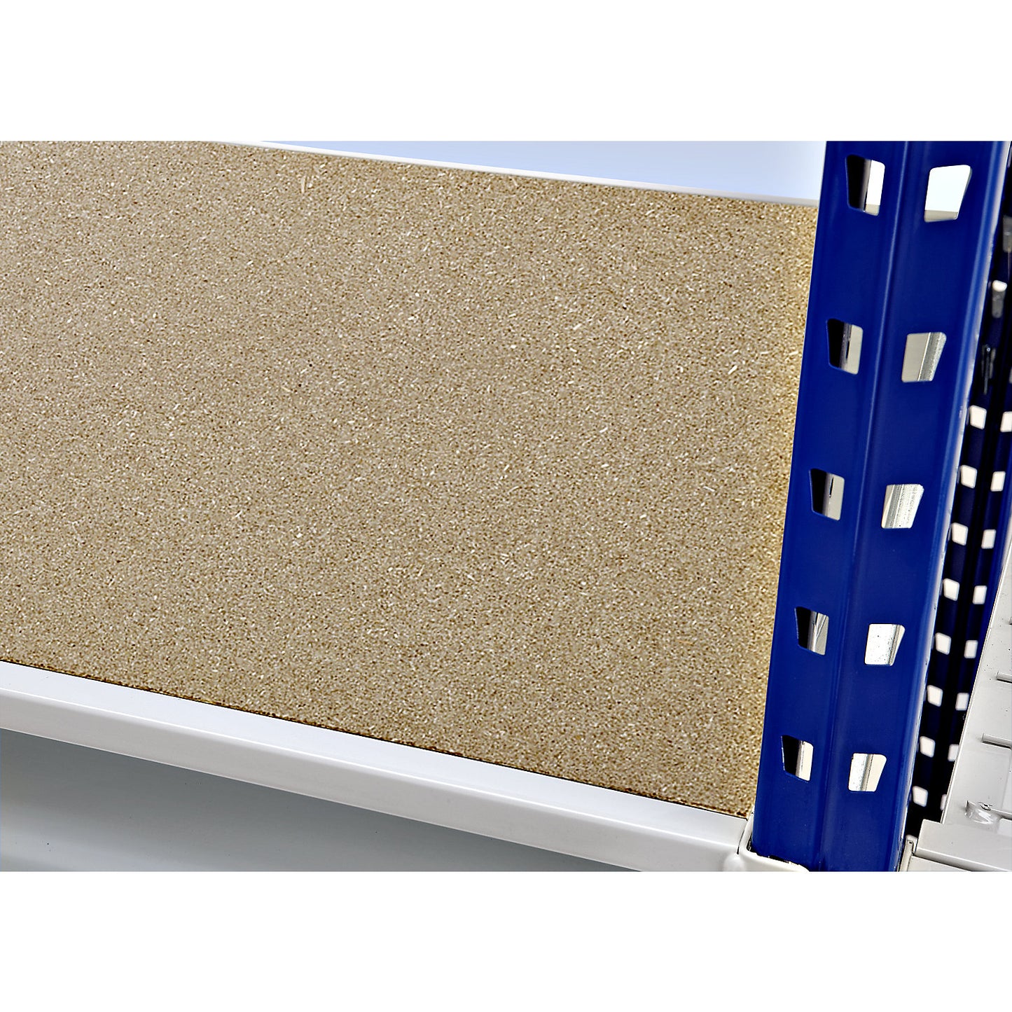 Heavy duty wide span shelving with moulded chipboard shelf panels, frame colour blue, HxWxD 2496 x 2330 x 600 mm, extension shelf unit.