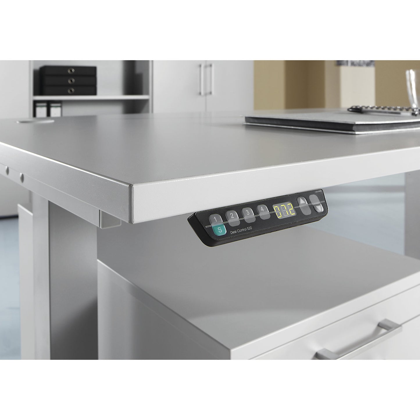 Corner desk, electric height adjustment, left, WxD 2000 x 1200 mm, maple.
