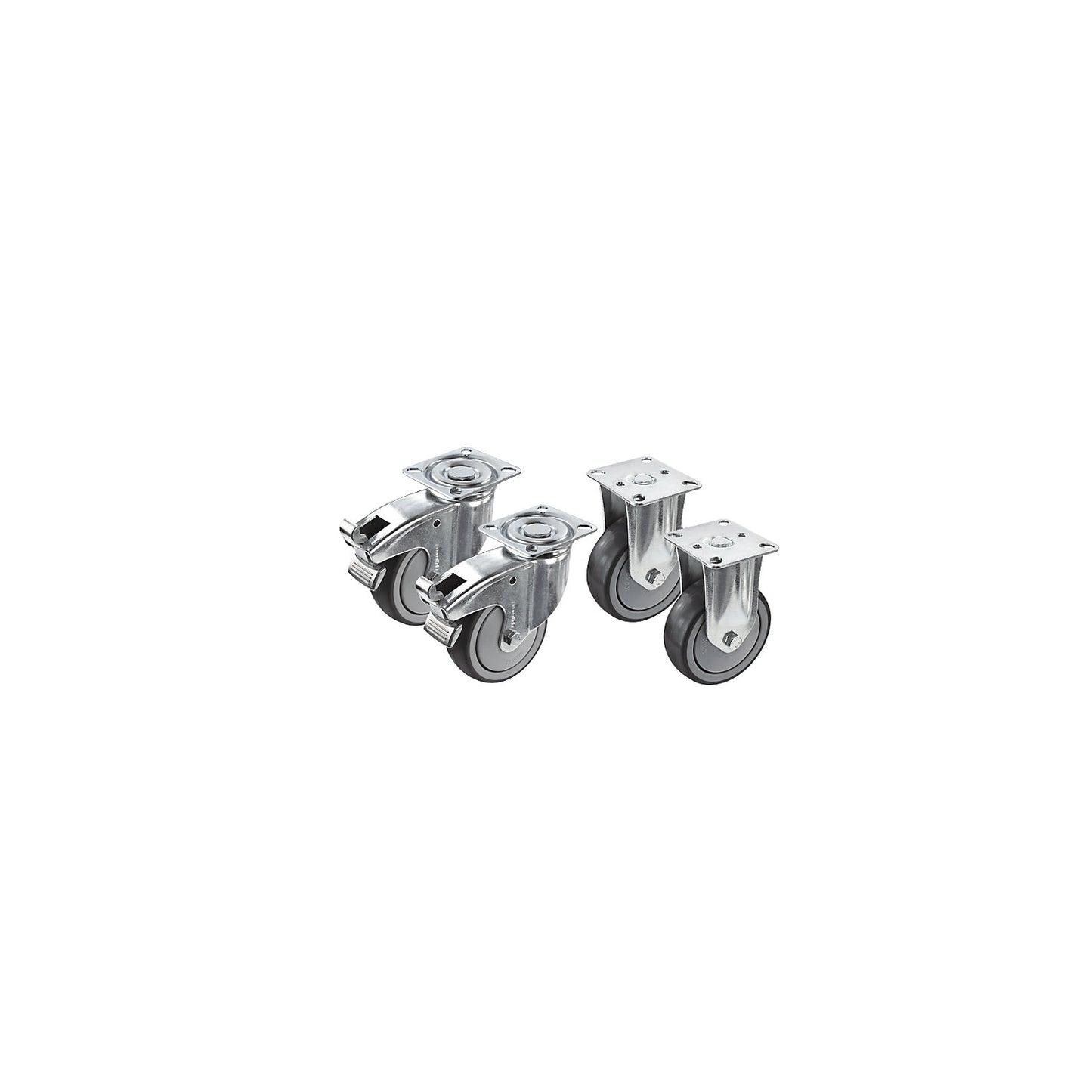 Thermoplastic rubber tyre, set offer, 2 swivel castors with wheel stops and 2 fixed castors, mounting plate, wheel Ø x width 50 x 18 mm.