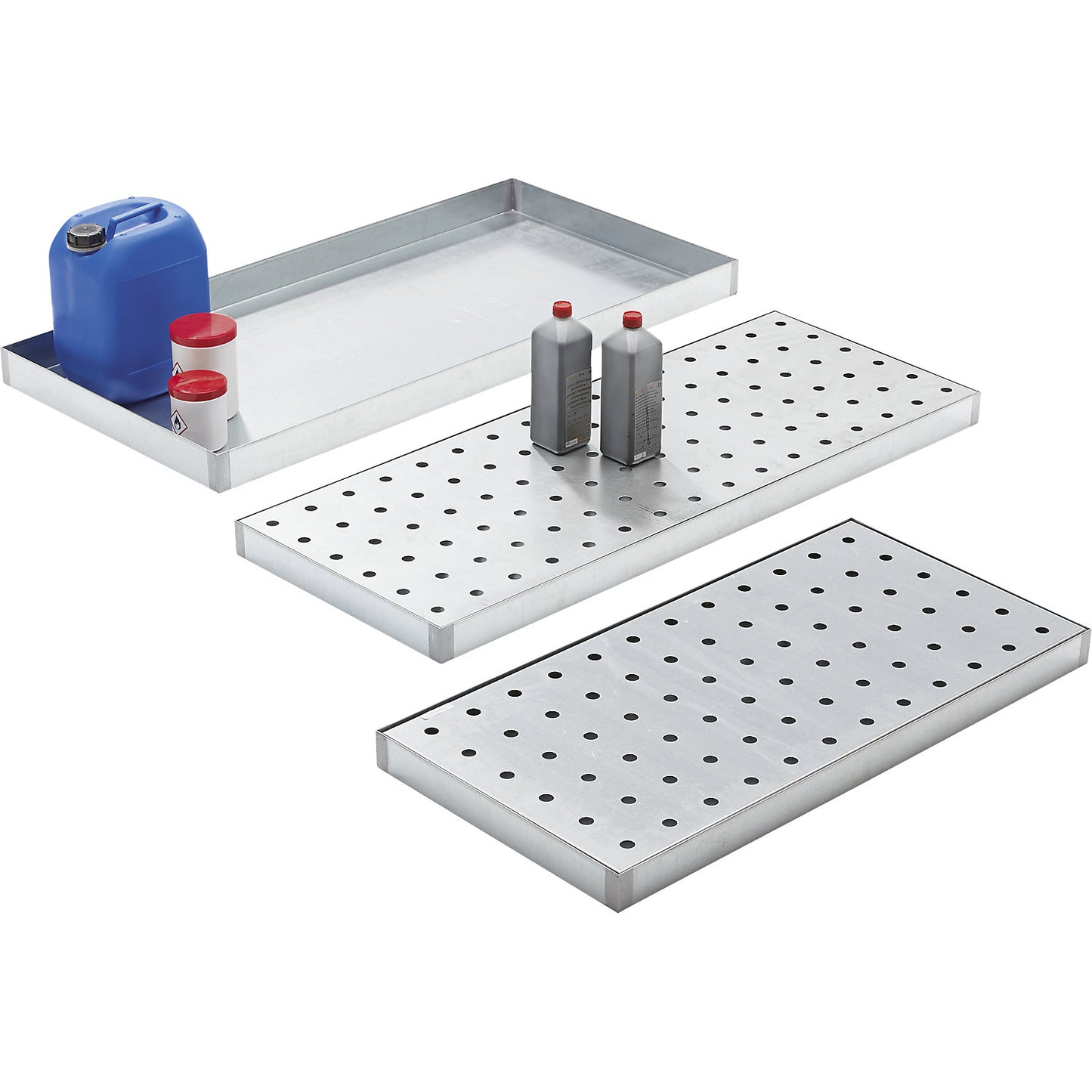 Steel sump tray for small containers, zinc plated, sump capacity 40 l, length 1200 mm.