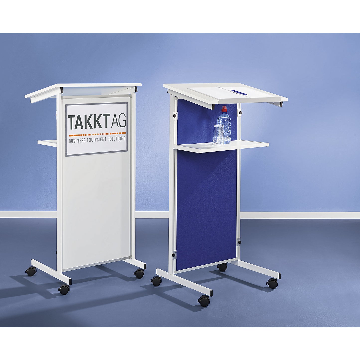 Lectern, 2 shelves, front made of sheet steel, white.