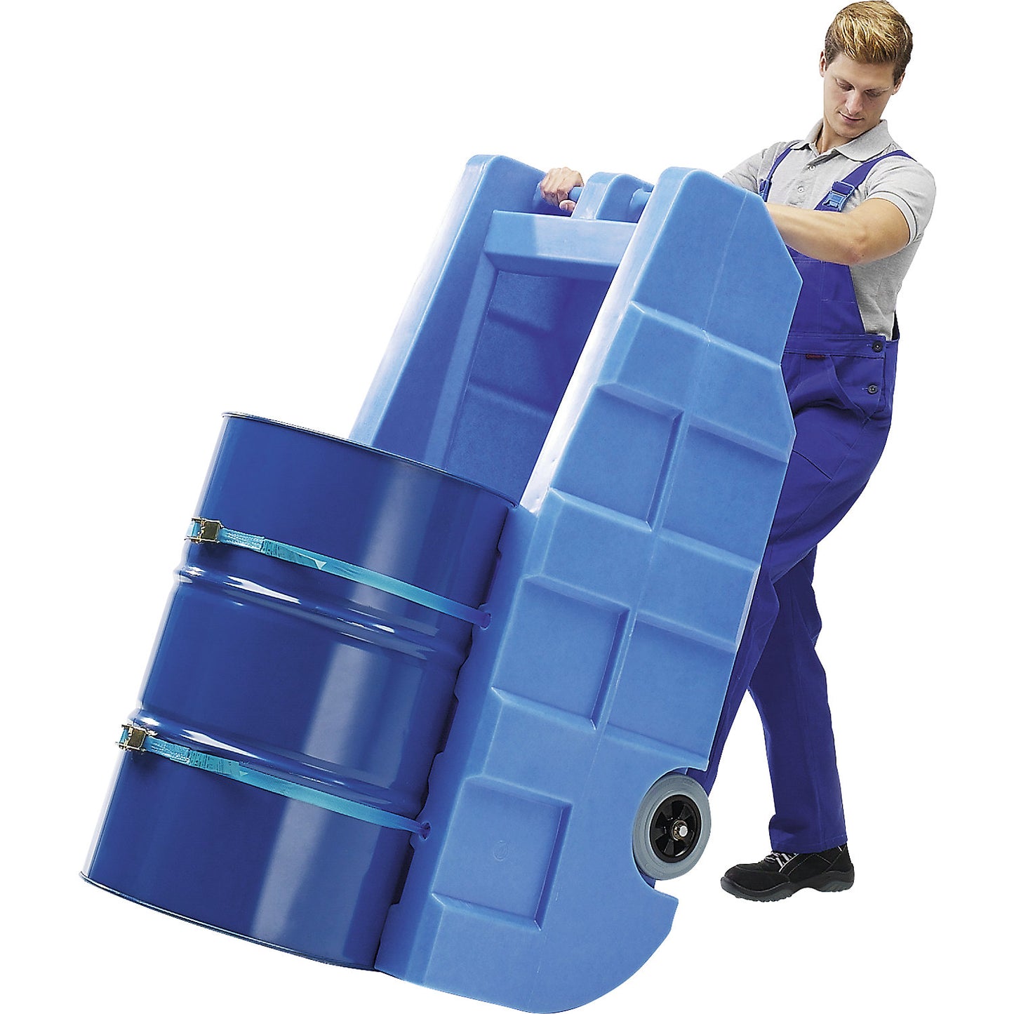 PE drum transport and filling trolley, sump capacity 230 l, LxWxH 1600 x 740 x 640 mm.