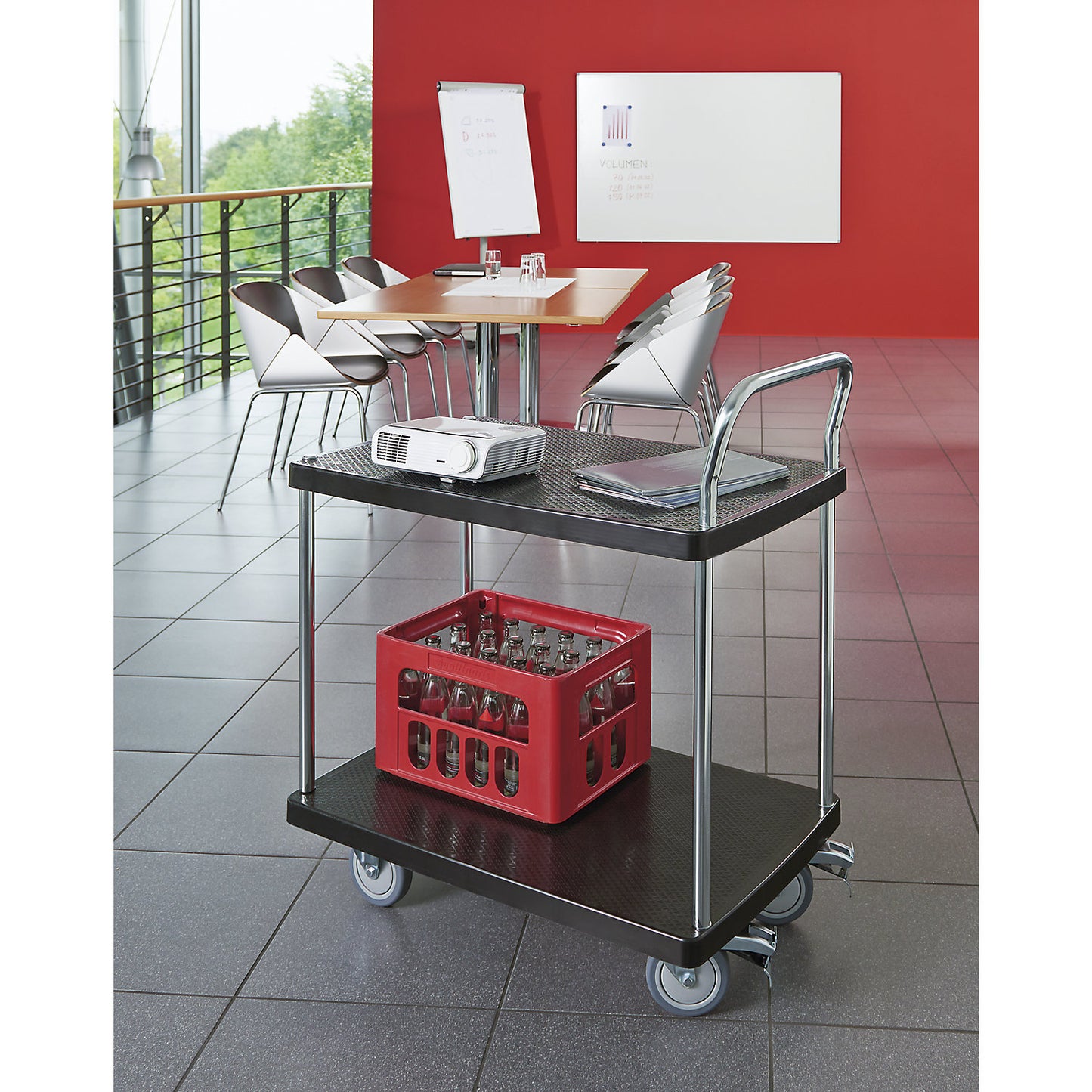 Serving trolley, 2 shelves, 1 push handle, max. load 150 kg.