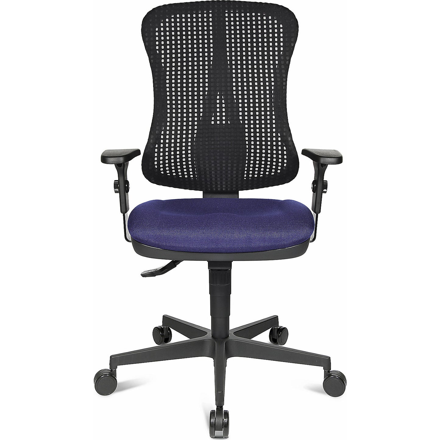 Ergonomic swivel chair, contoured seat, without arm rests, blue seat, black mesh back rest.