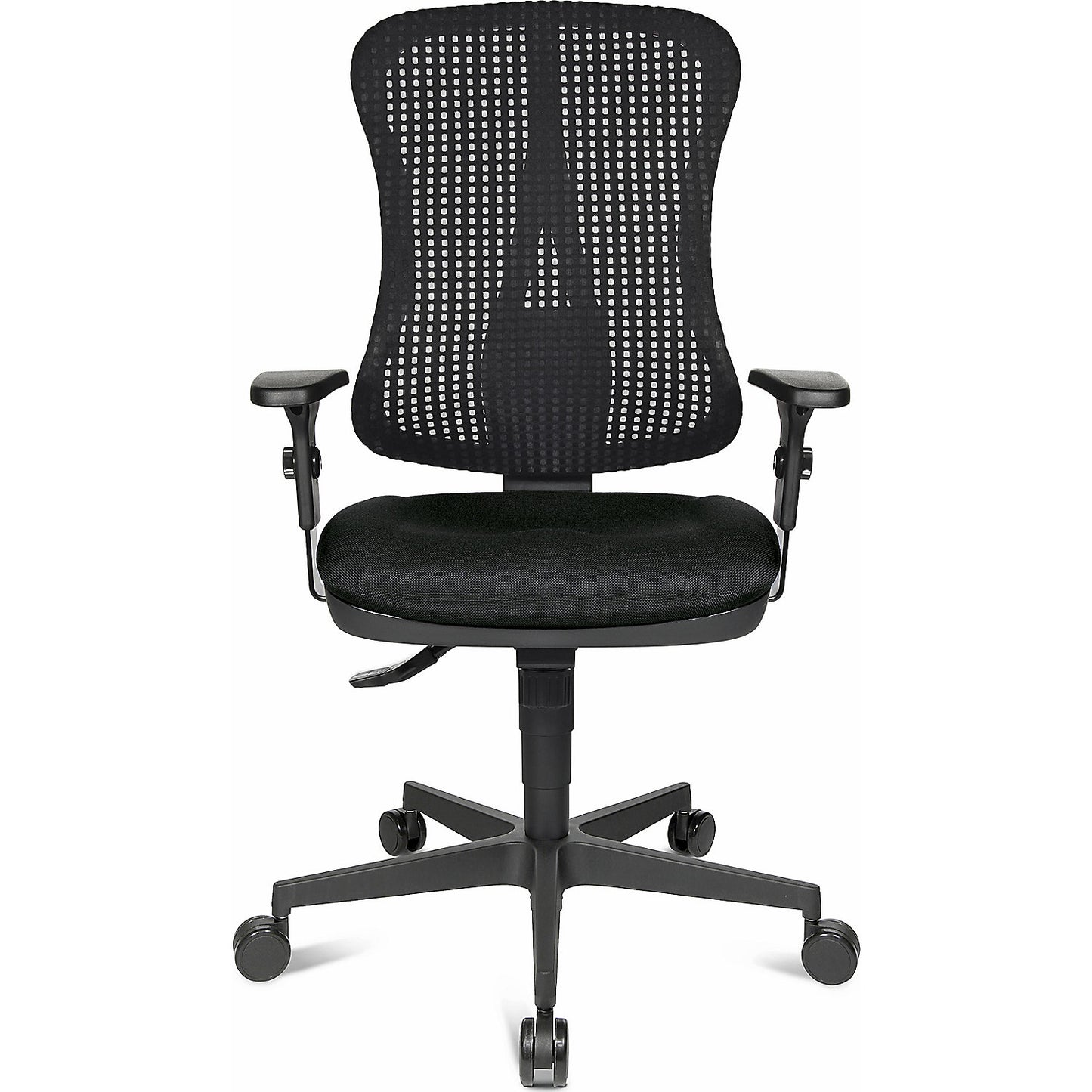 Ergonomic swivel chair, contoured seat, without arm rests, black seat, black mesh back rest.