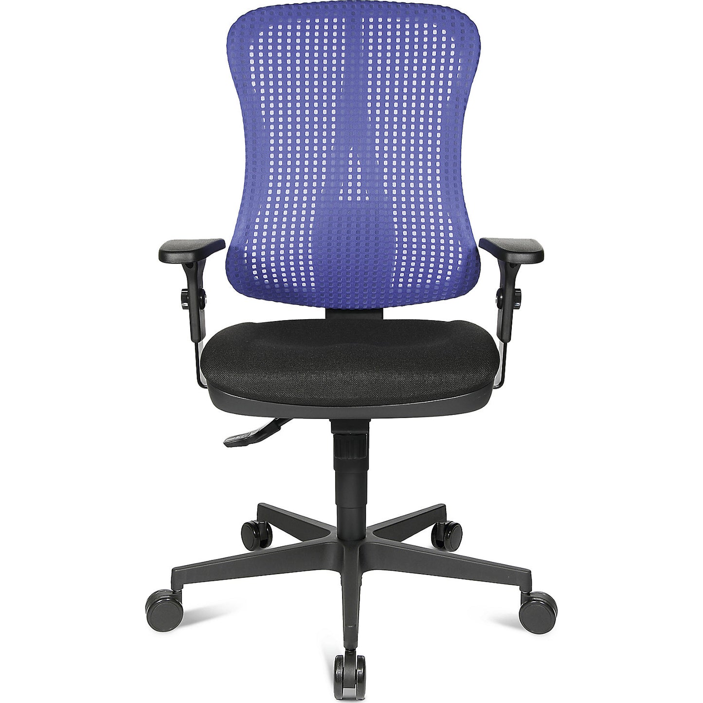 Ergonomic swivel chair, contoured seat, without arm rests, black seat, blue mesh back rest.