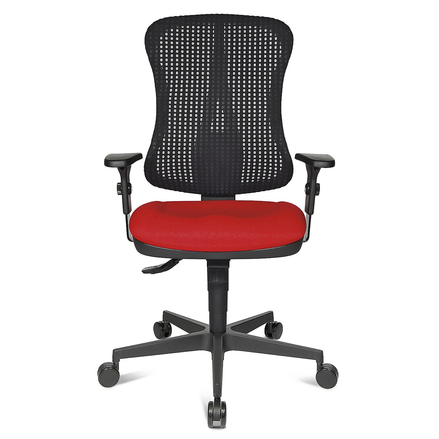Ergonomic swivel chair, contoured seat, without arm rests, red seat, black mesh back rest.