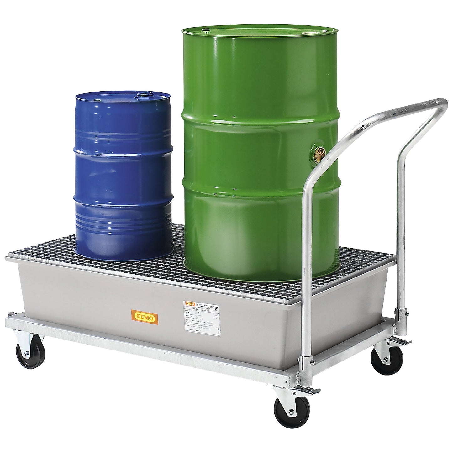 Mobile GRP sump tray, with steel grate, LxWxH 1090 x 860 x 1080 mm.