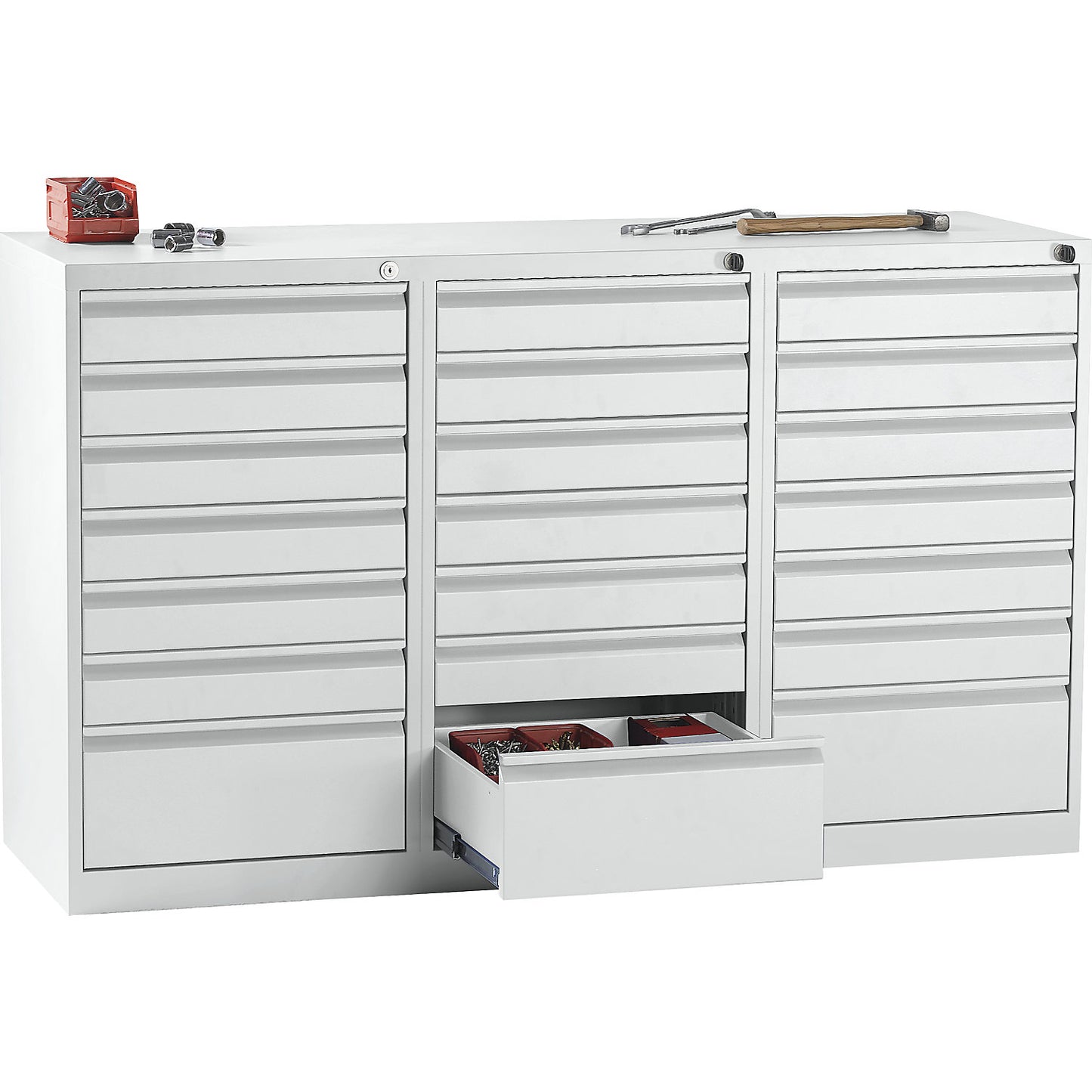Drawer cupboard, steel, HxWxD 900 x 1500 x 500 mm, 21 drawers, light grey drawers.