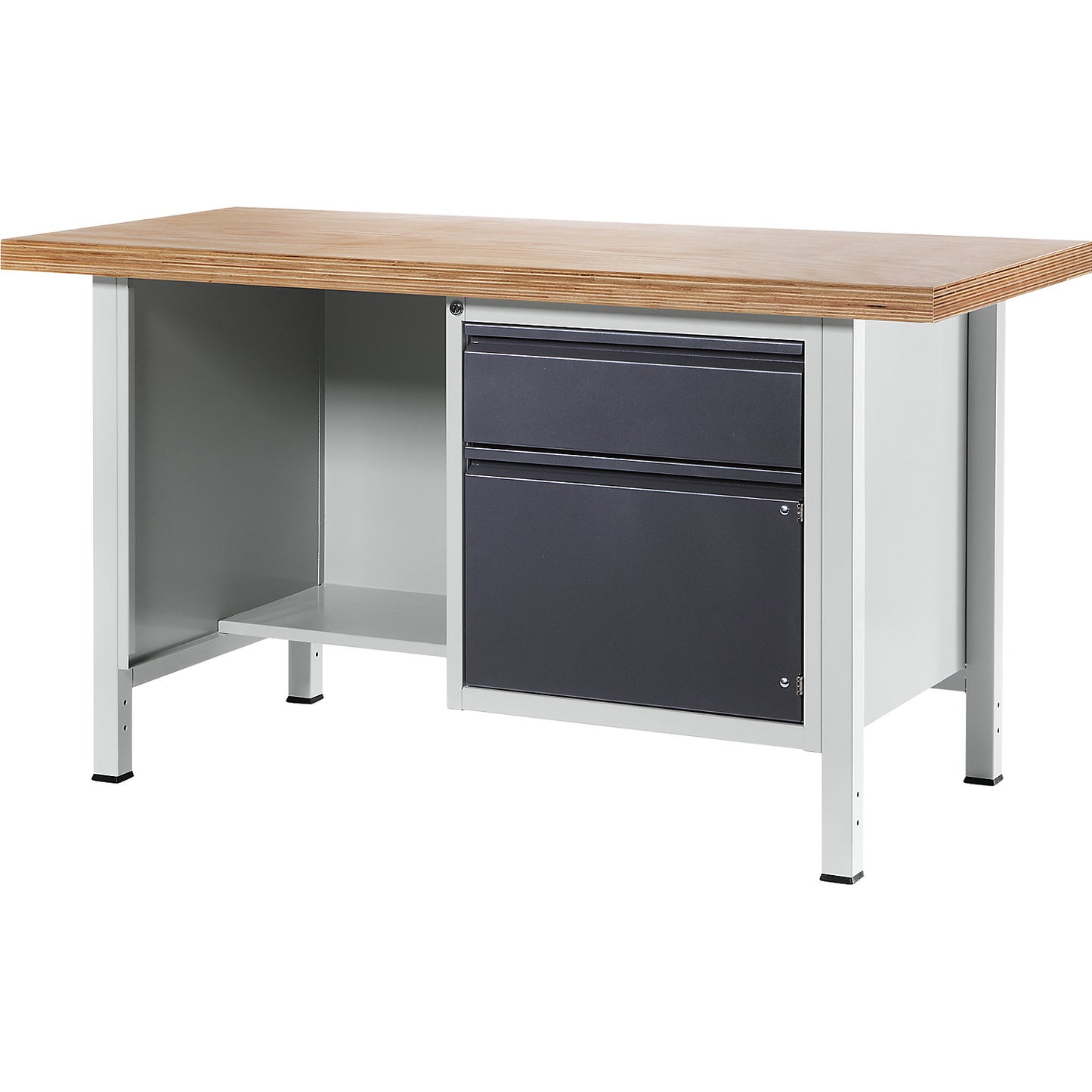 Workbench, frame construction Series 8500, 1 drawer, 1 door, 1 open compartment with recessed shelf, panel width 1500 mm, metallic charcoal.