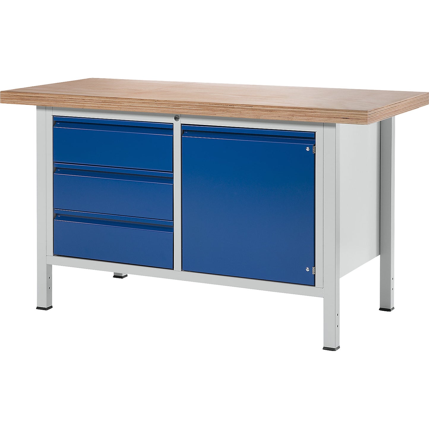 Workbench, frame construction Series 8500, 3 drawers, 1 doors, worktop width 1500 mm, gentian blue.