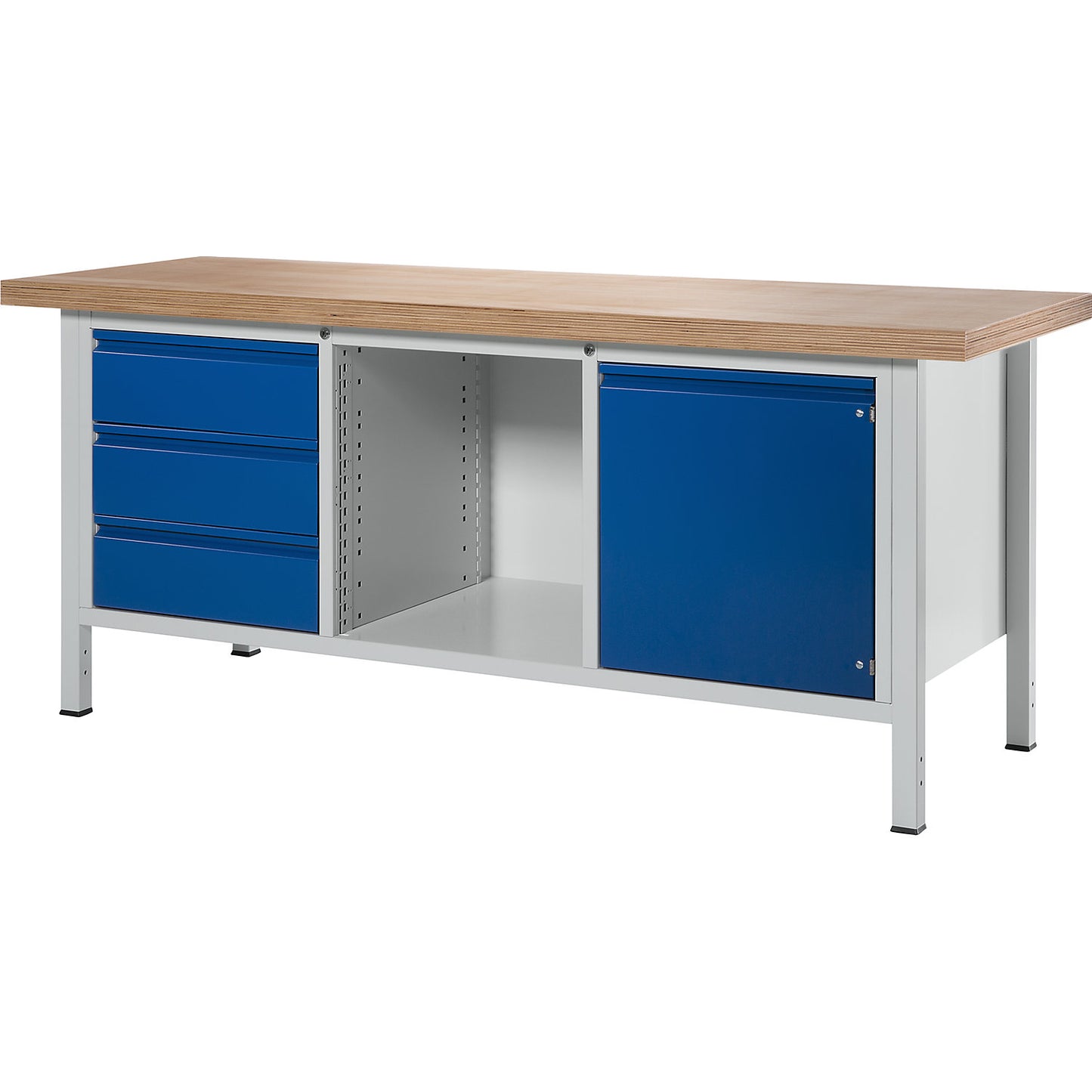 Workbench, frame construction Series 8500, 3 drawers, 1 door, 1 open compartment, worktop width 2000 mm, gentian blue.