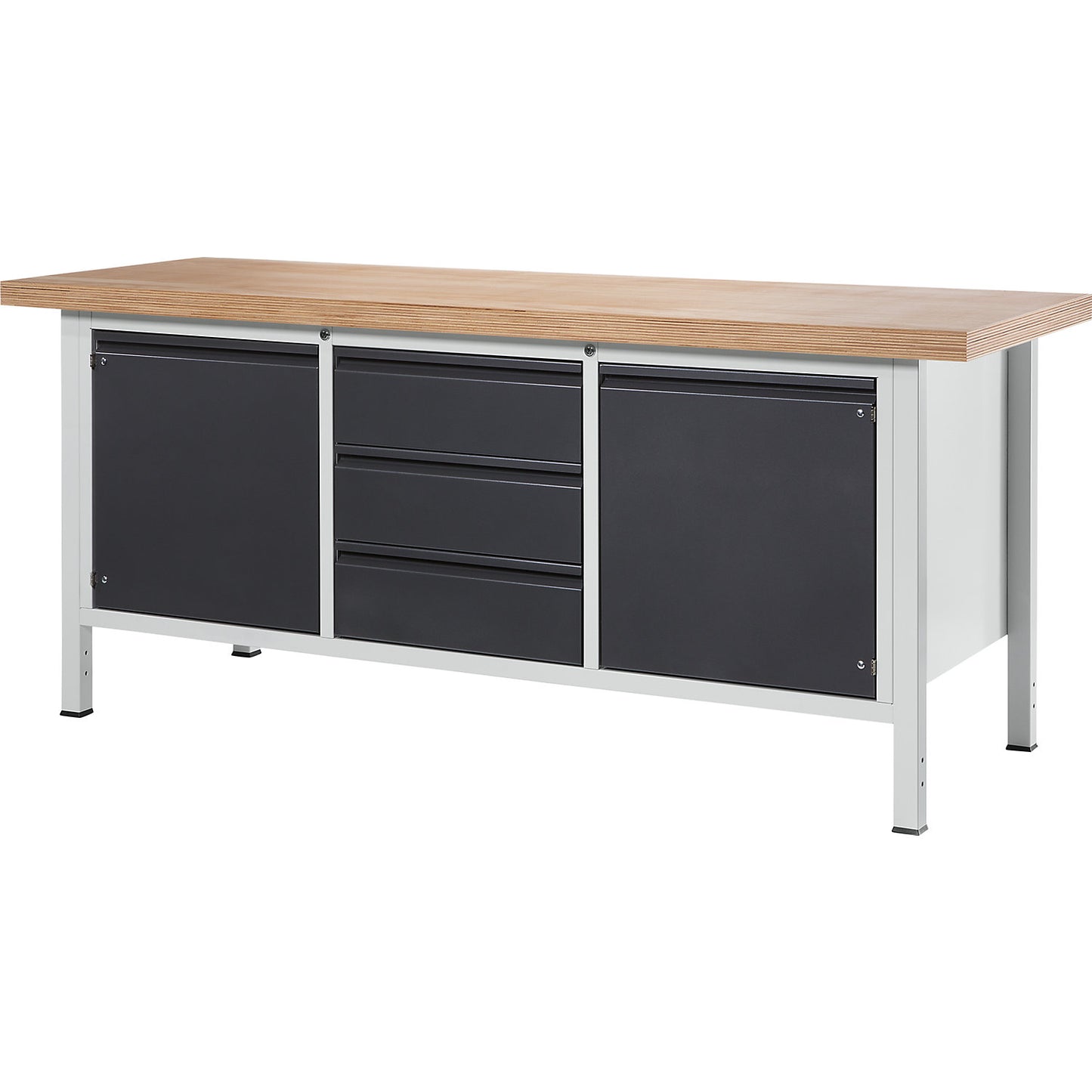 Workbench, frame construction Series 8500, 3 drawers, 2 doors, worktop width 2000 mm, metallic charcoal.
