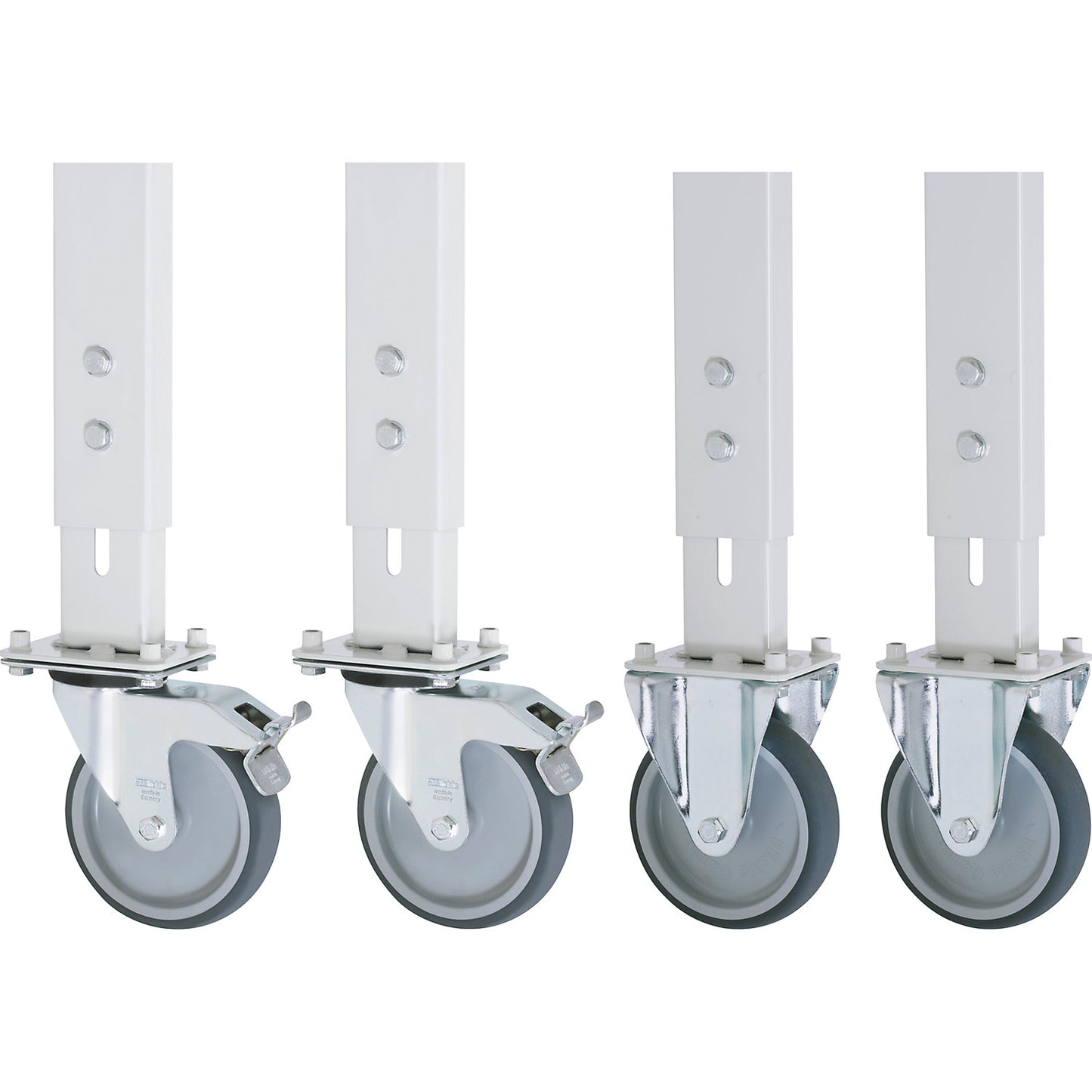 Wheel set, pack of 4, for base frame 60 x 30 mm, 2 swivel castors with wheel stops, 2 fixed castors.