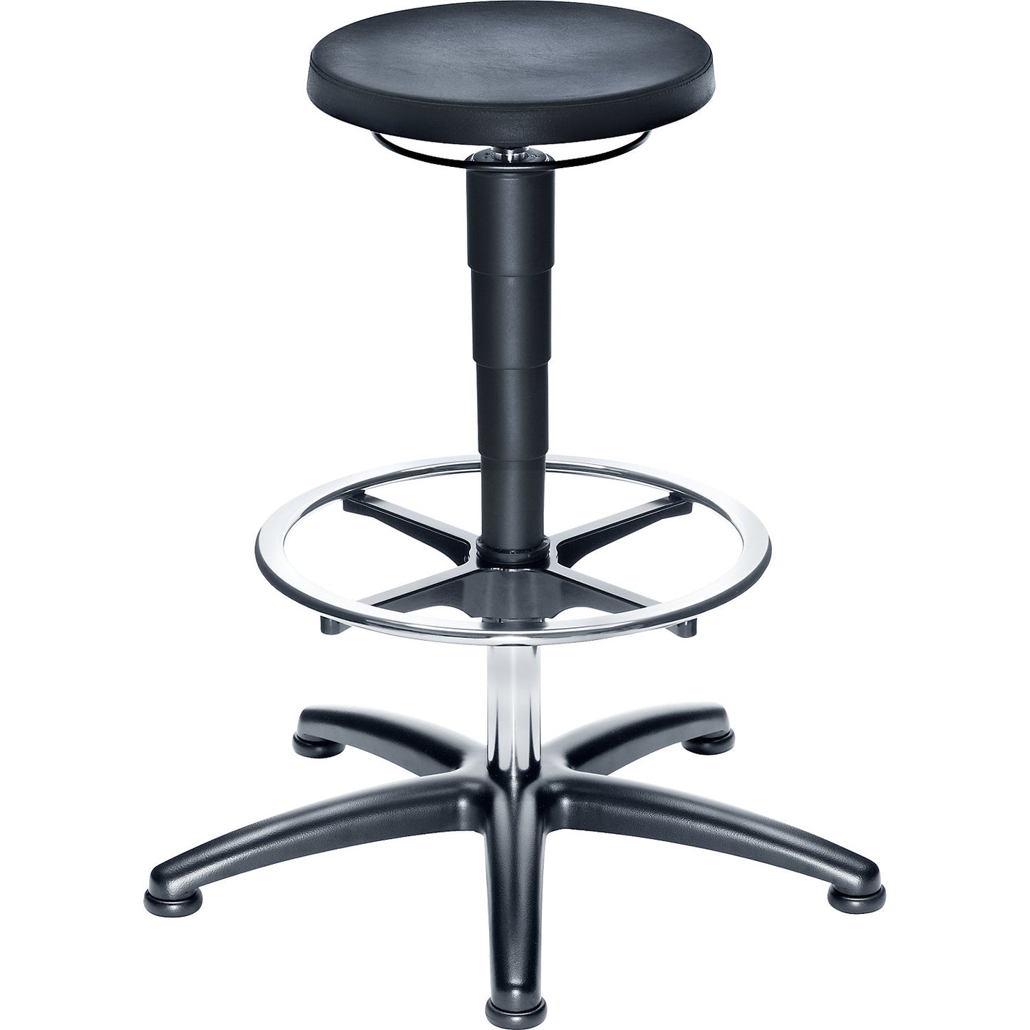 Industrial stool with gas lift height adjustment, polyurethane foam seat, with floor glides and foot ring.