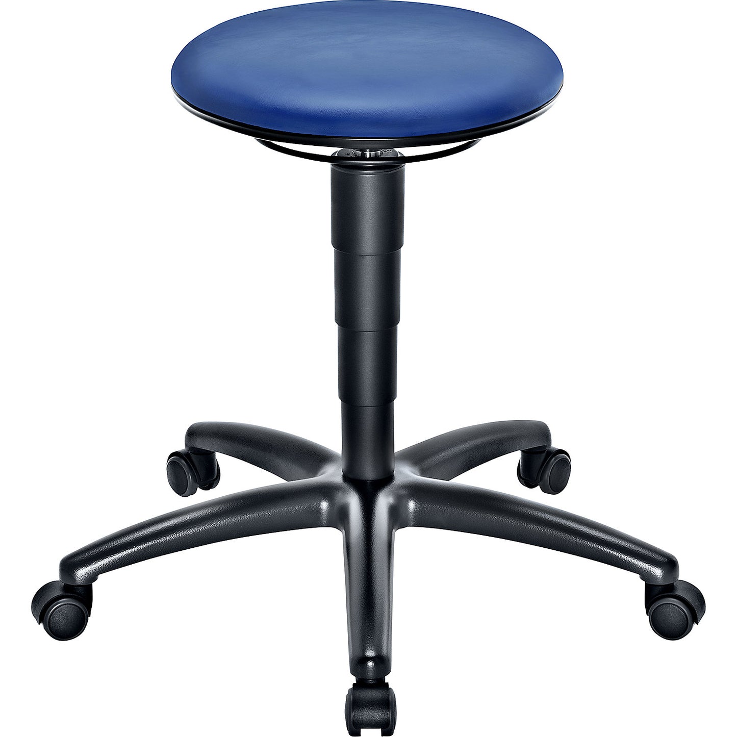 Industrial stool with gas lift height adjustment, blue vinyl seat, with castors.