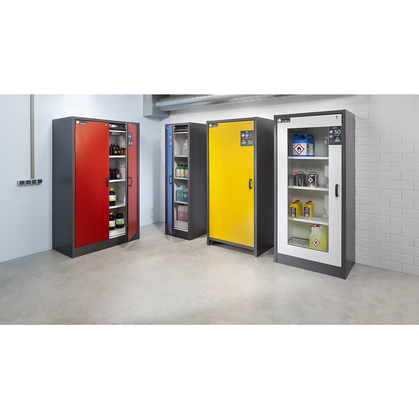 Fire resistant hazardous goods cupboard, type 30, with vision panel, light grey.