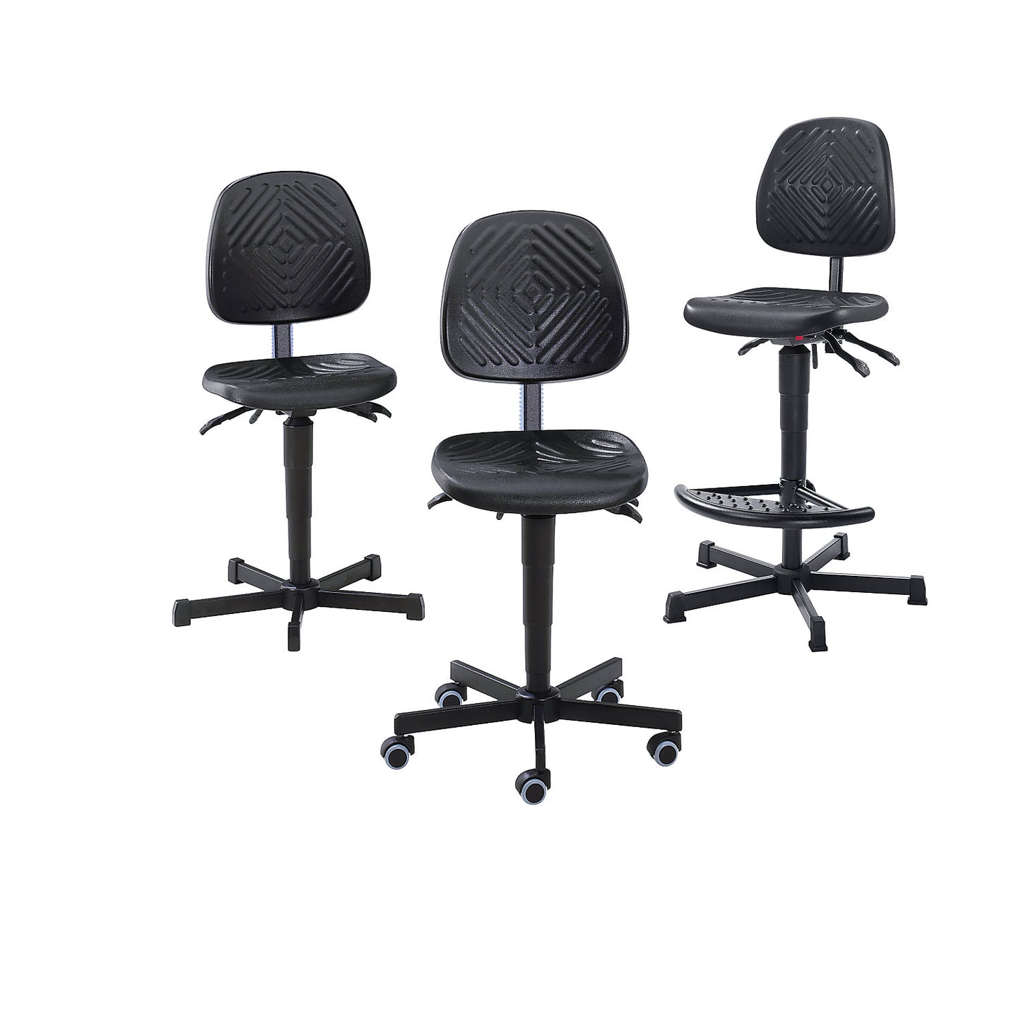 Industrial swivel chair, polyurethane upholstery, gas lift height adjustment, with floor glides and foot rest, height adjustment range 570 - 820 mm.