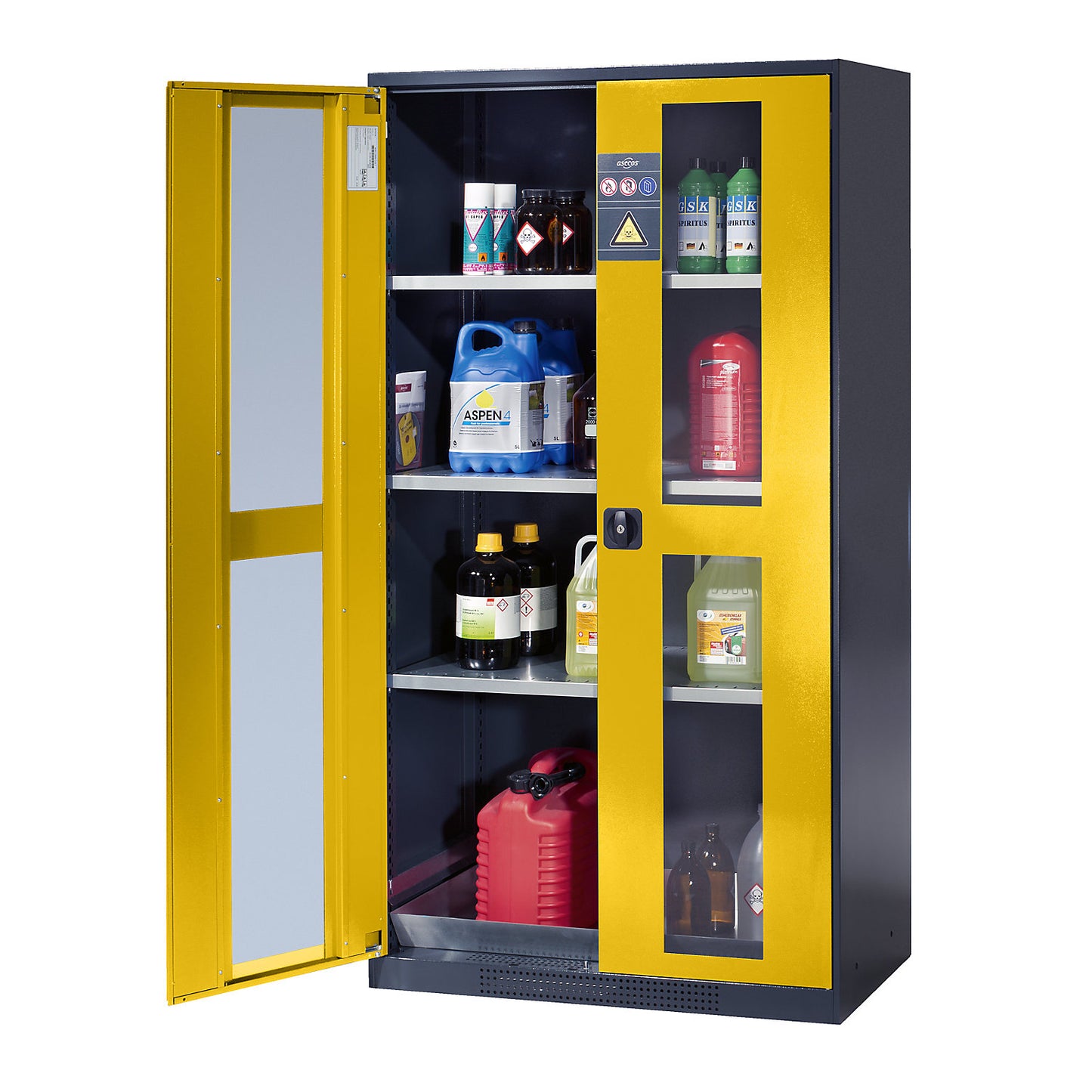 Laboratory chemical storage cupboard, 2 door, tall, 3 shelves, with vision panel, yellow.