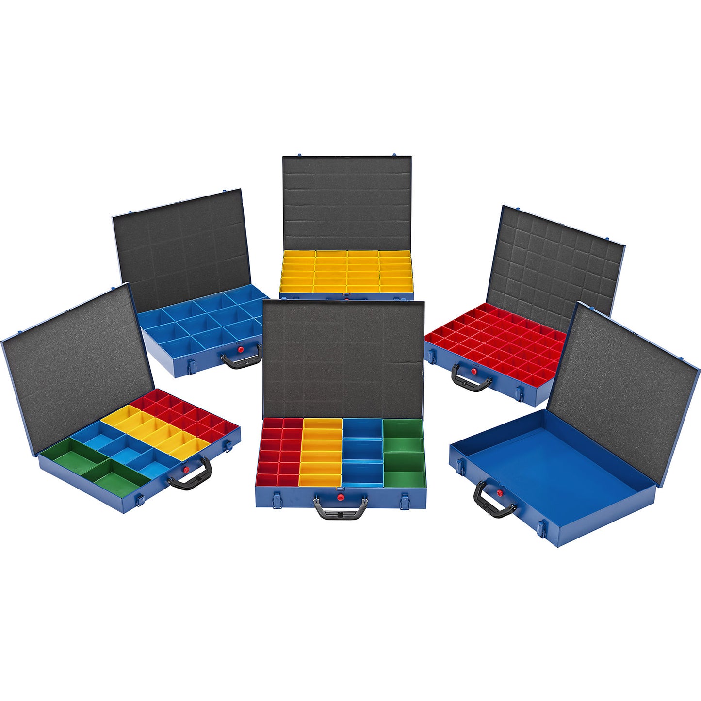 Small parts case with insert boxes, LxW 460 x 370 mm, with 23 insert boxes, height 63 mm.