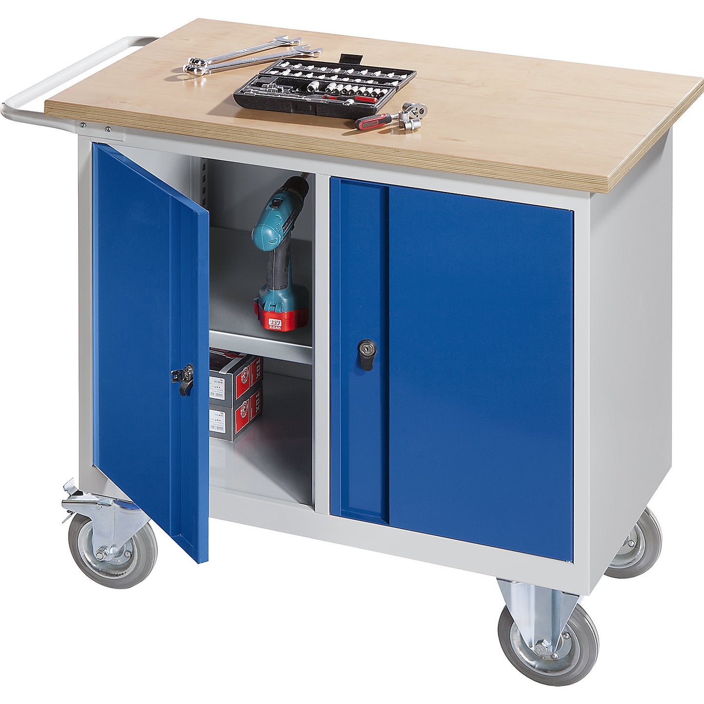 Compact workbench, mobile, with 2 doors, WxD 950 x 590 mm.