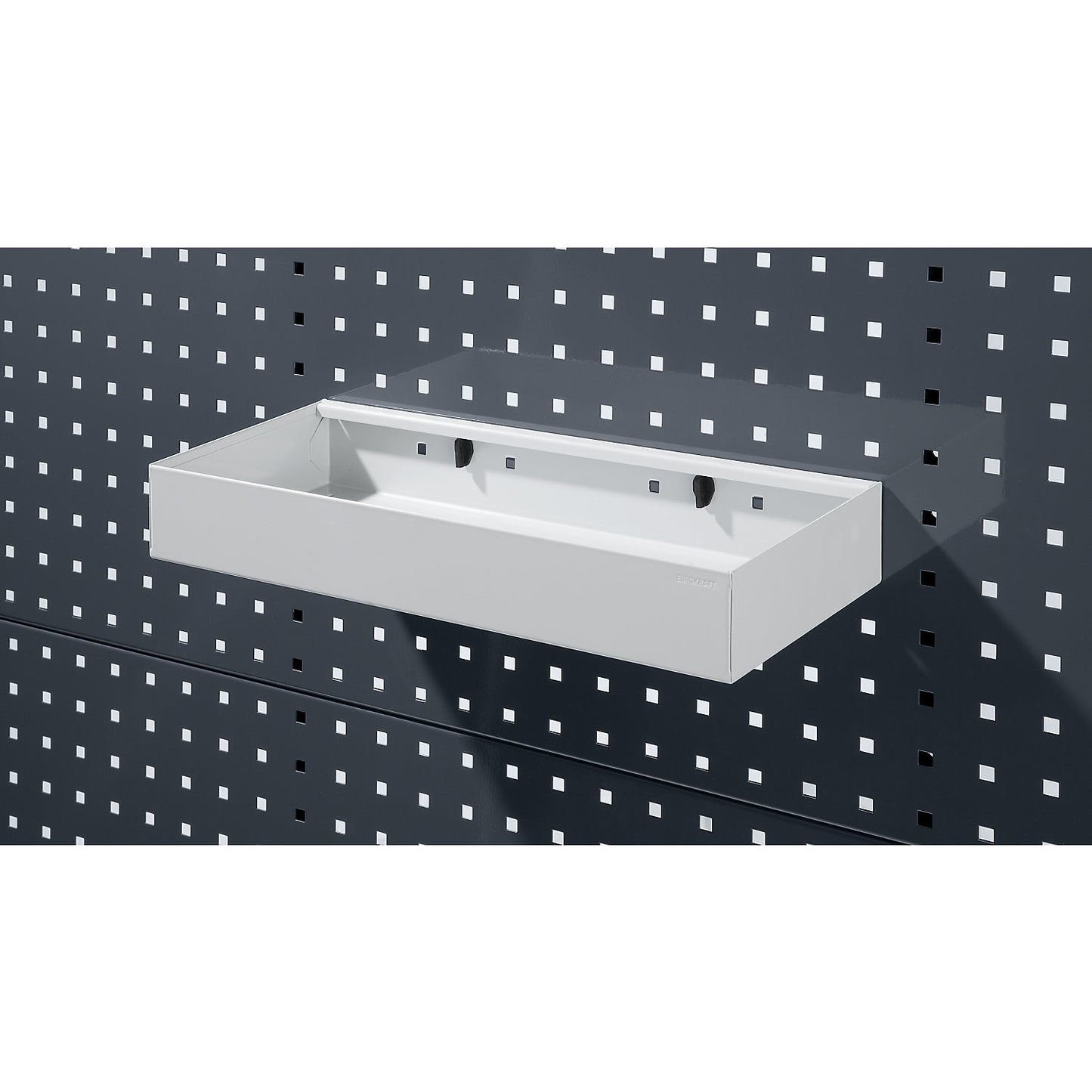 Storage tray, sheet steel, powder coated, width 440 mm.