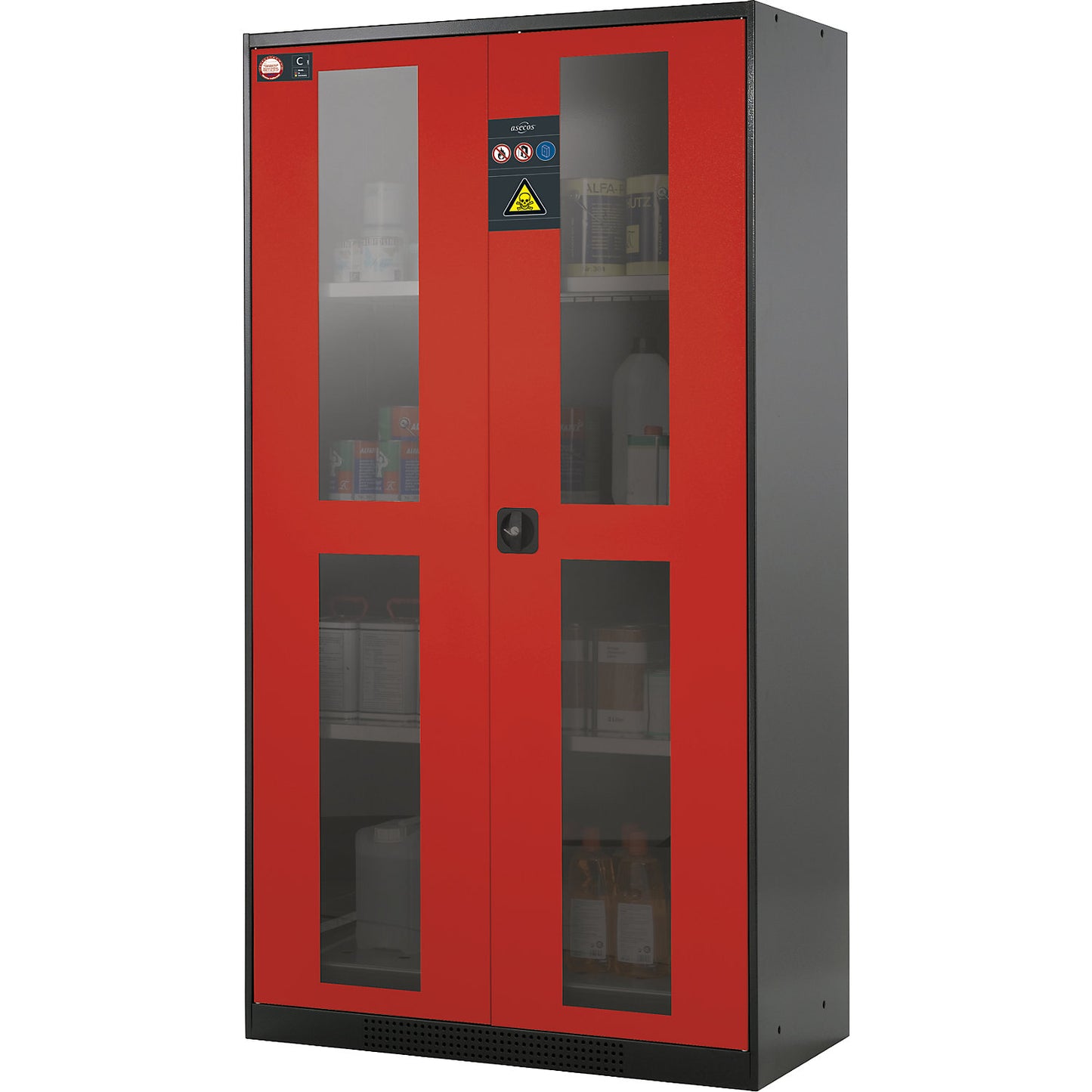 Chemical storage cupboard, door with vision panels, 3 shelves, traffic red.