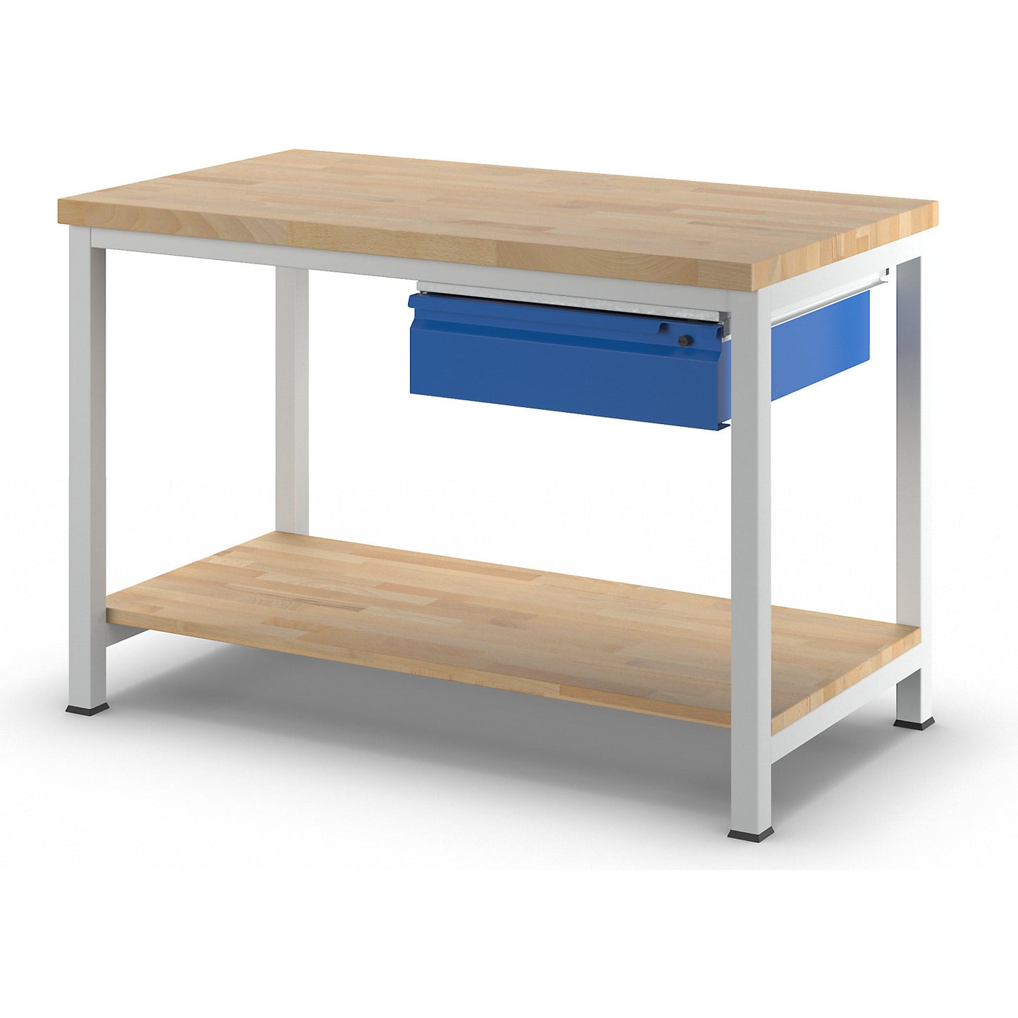Workbench, frame construction, 1 L size drawer, 1 solid beech shelf, depth 700 mm, width 1250 mm.