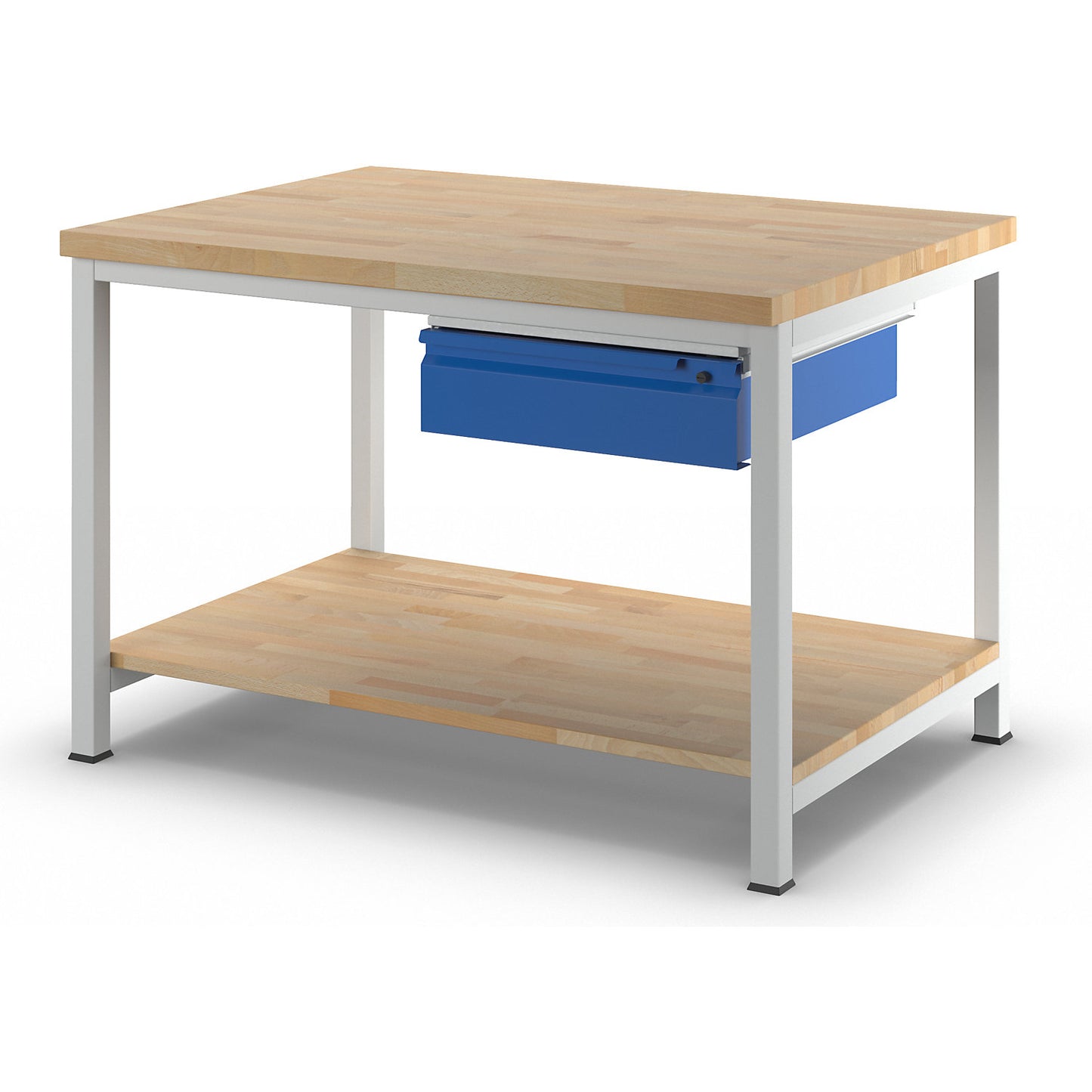 Workbench, frame construction, 1 L size drawer, 1 solid beech shelf, depth 900 mm, width 1250 mm.