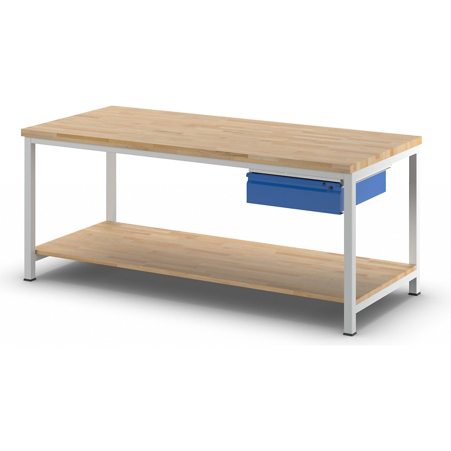 Workbench, frame construction, 1 L size drawer, 1 solid beech shelf, depth 900 mm, width 2000 mm.