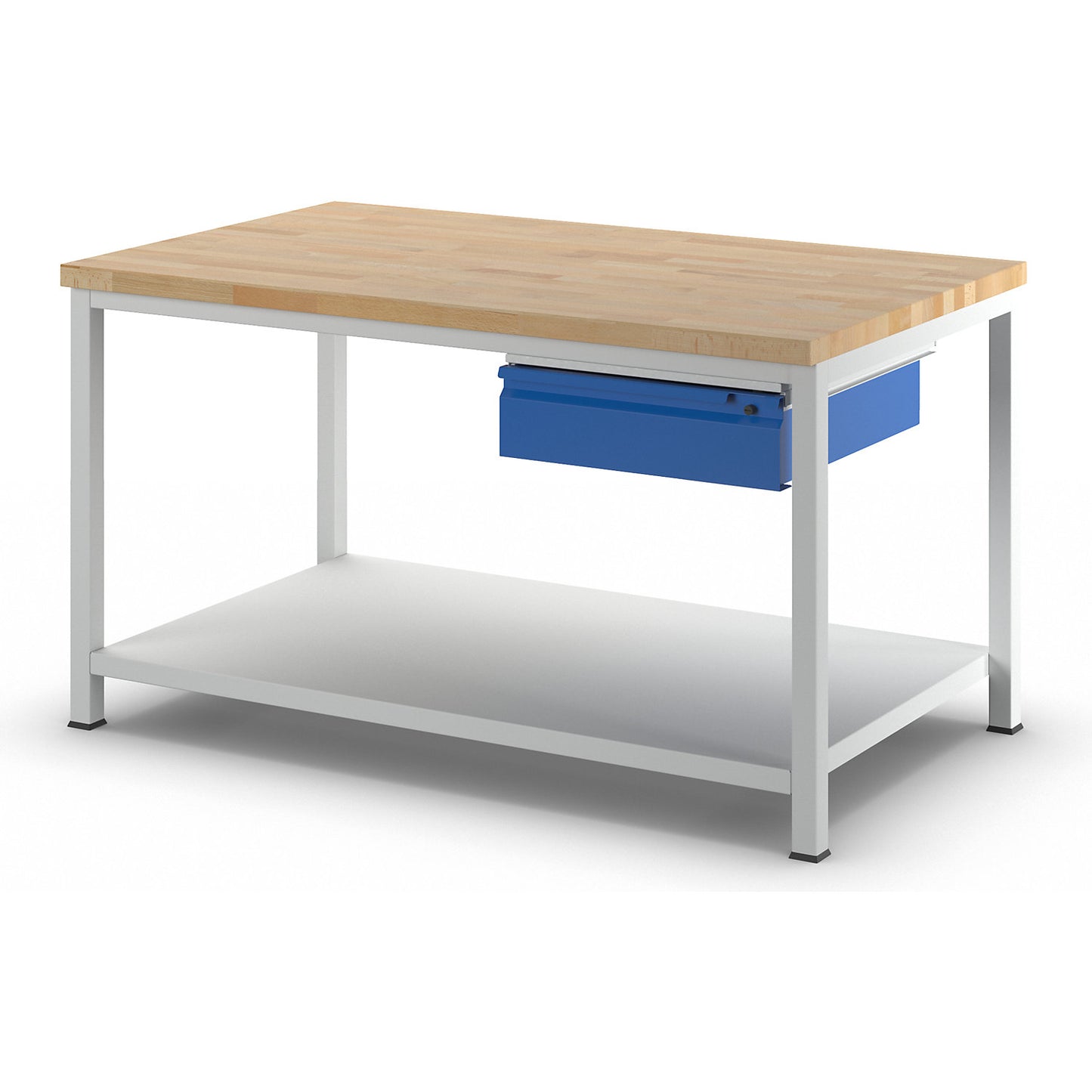 Workbench, frame construction, 1 L size drawer, 1 sheet steel shelf, depth 900 mm, width 1500 mm.