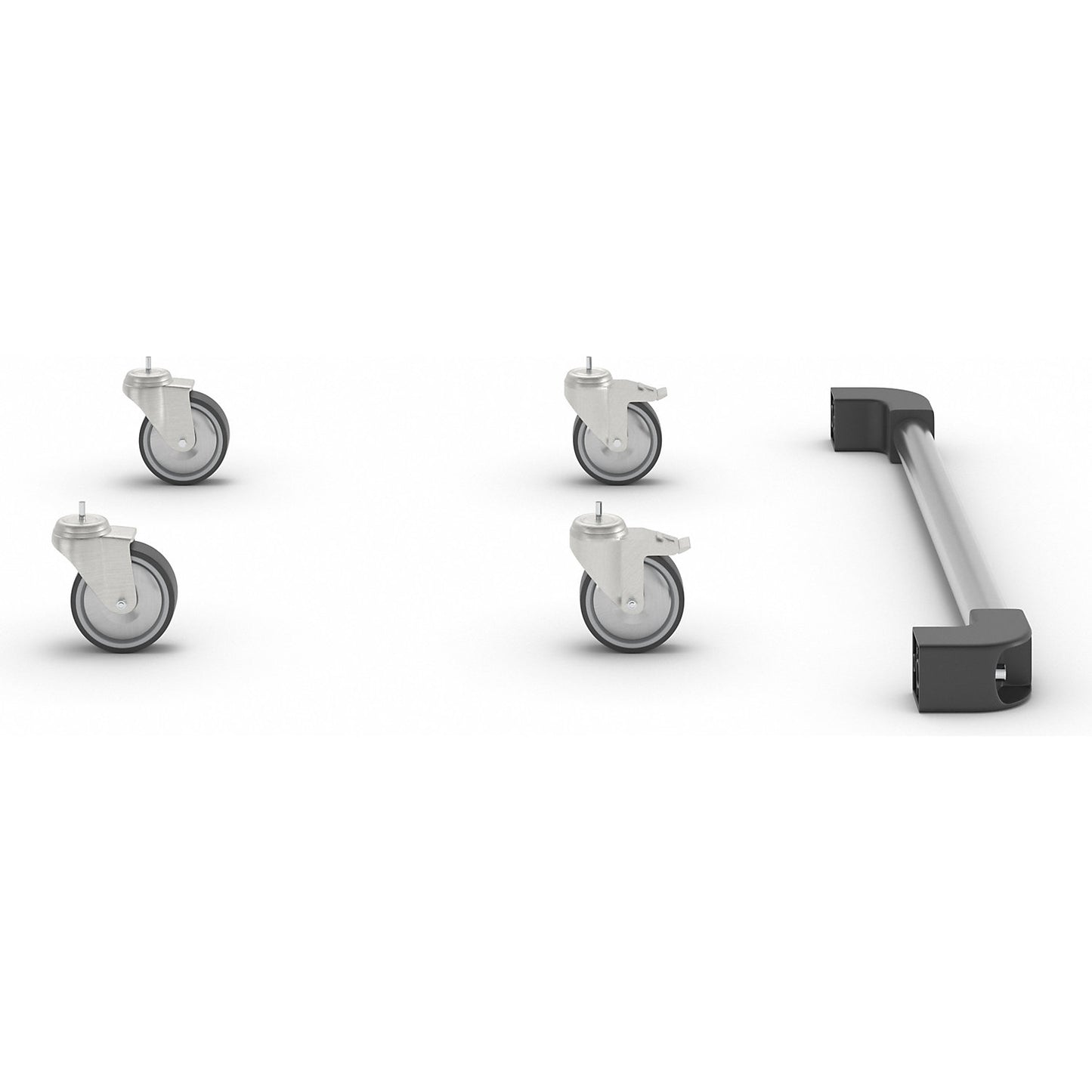 Wheel set for stainless steel PC cupboard, with push handle, 2 swivel castors, 2 fixed castors.
