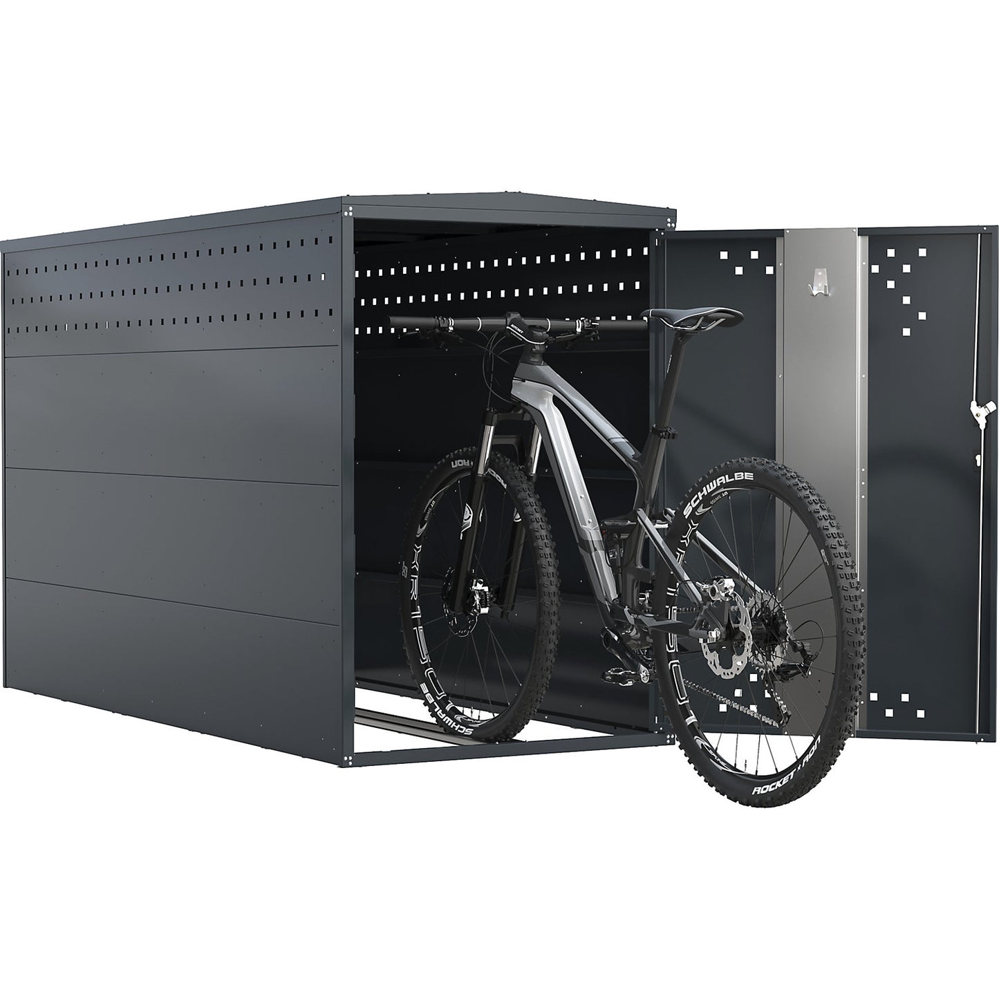 Bicycle locker, standard unit with 1 gabled roof, blue / grey.