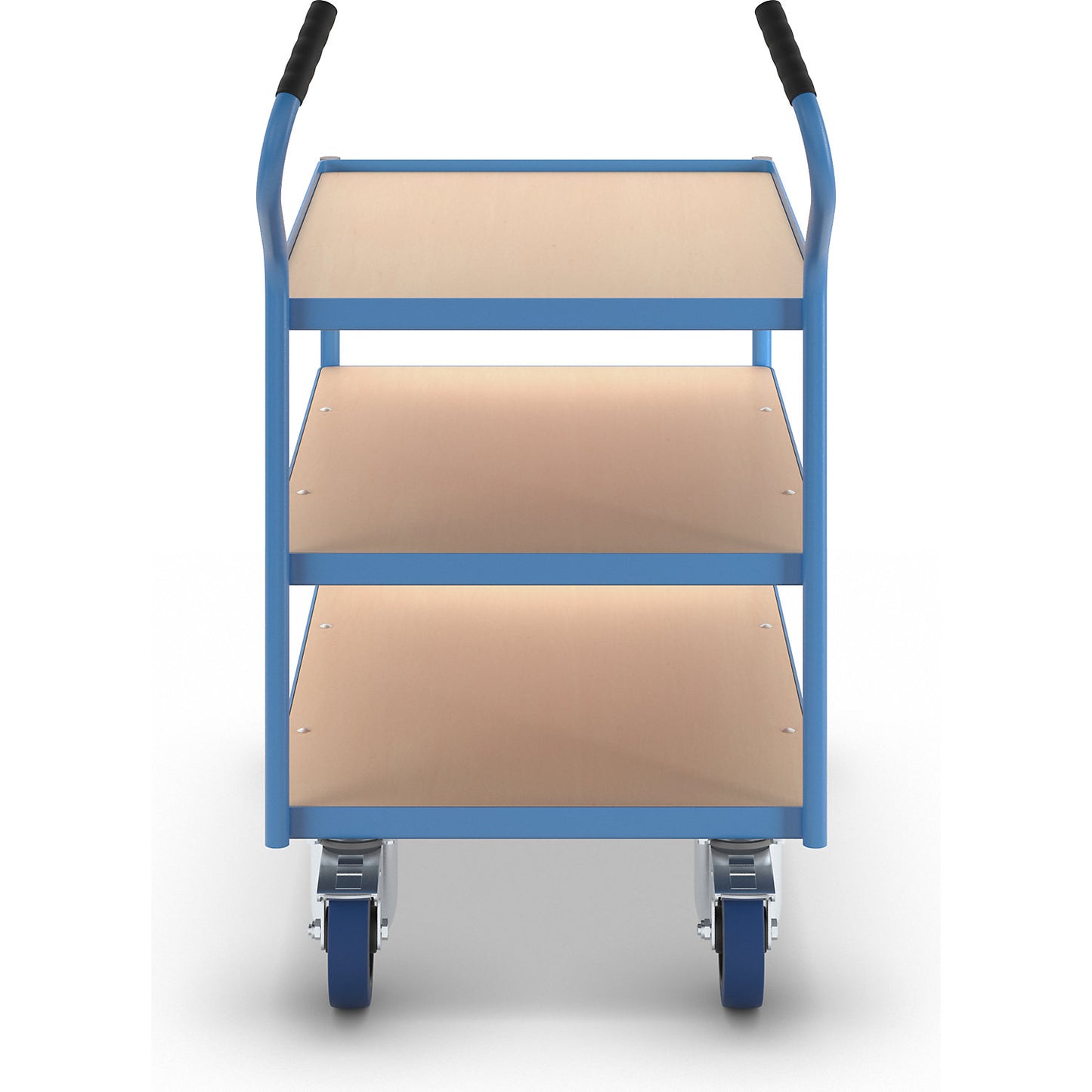Industrial table trolley, fully elastic tyres, non-marking, shelf heights 235 / 500 / 765 mm.